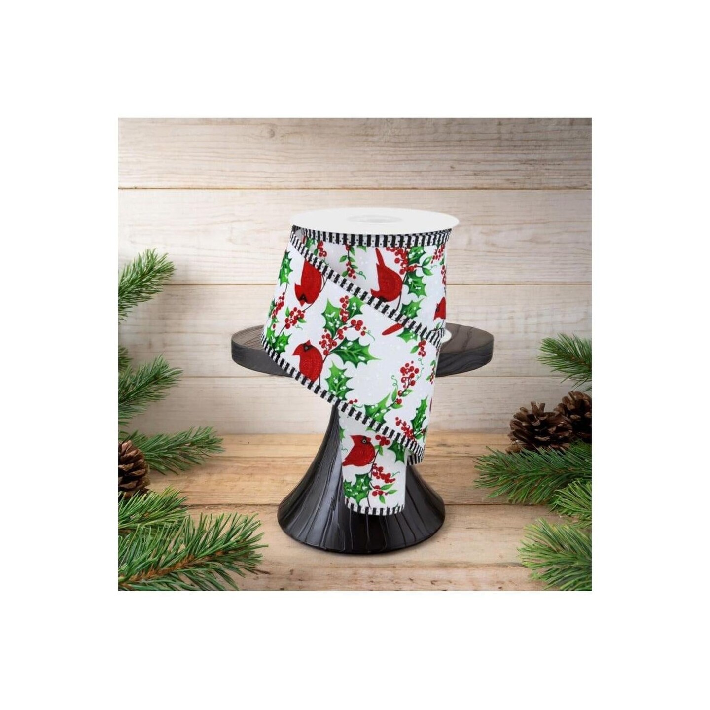 2.5" Cardinal Holly Berry Stripe Edge Ribbon: White (10 Yards)