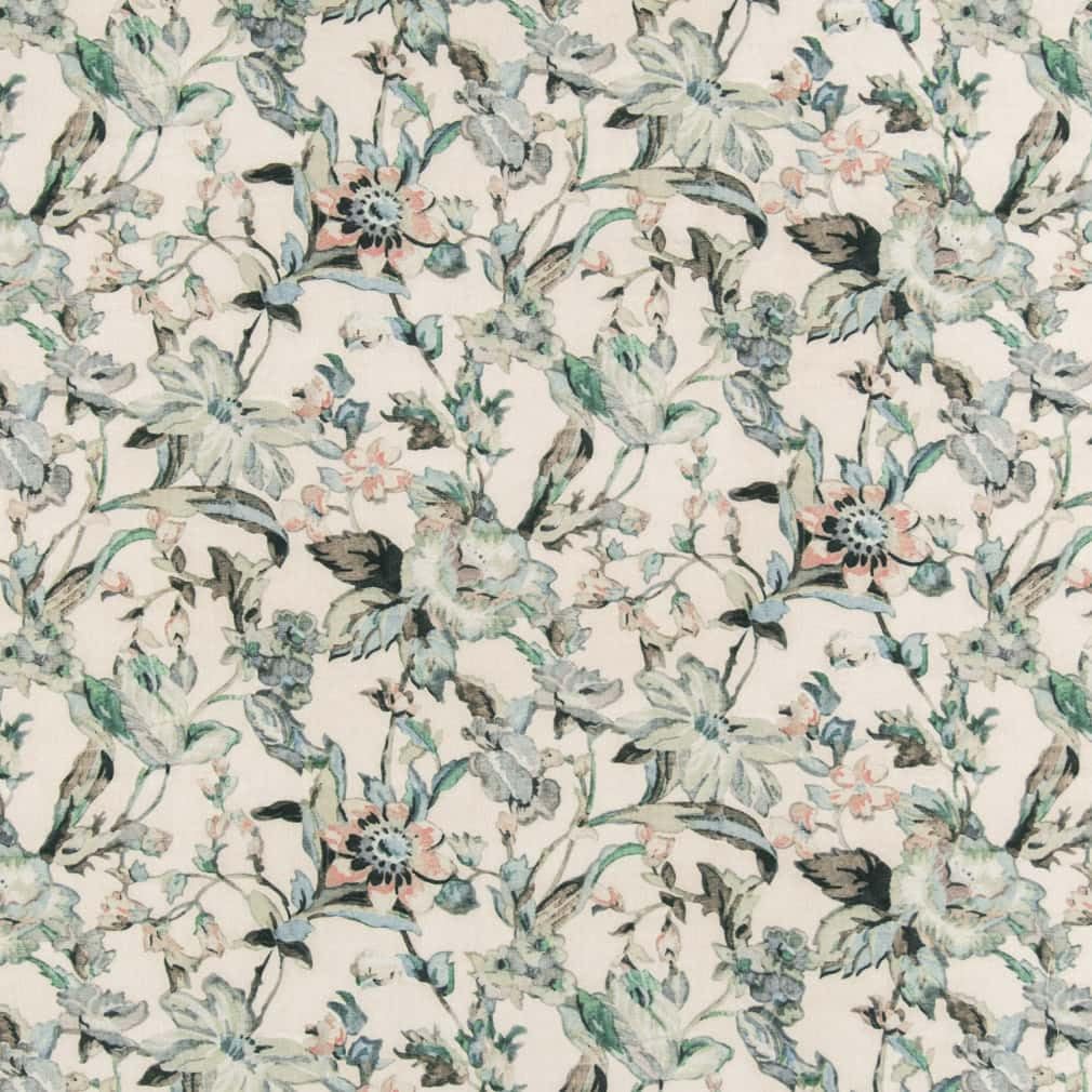 Aqua Stain Resistant Performance Pet Friendly Abstract Floral Linen Look Print Upholstery Fabric by The Yard - SKU: Titus Seacrest