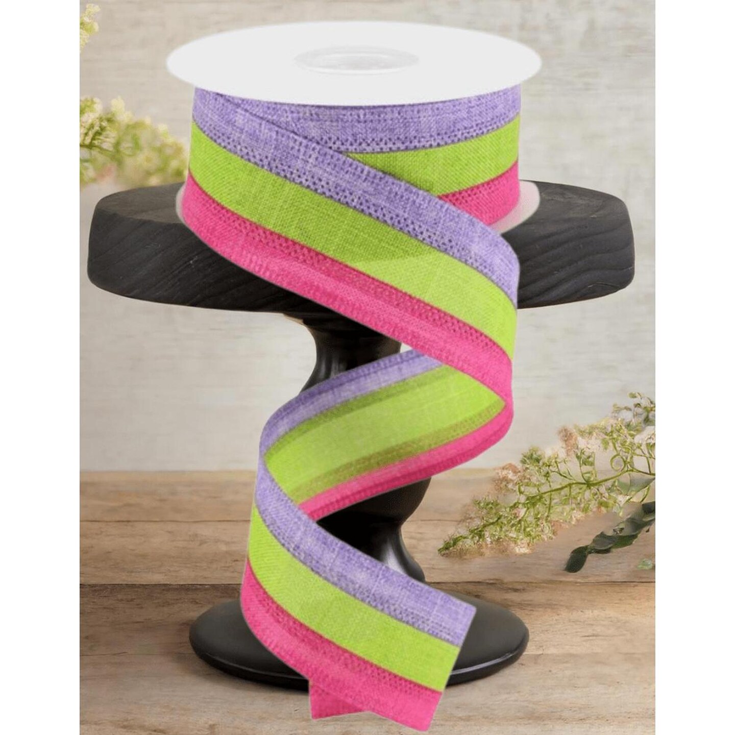 1.5" Tricolor Striped Ribbon: Lavender, Fuchsia, & Lime Green (10 Yards)