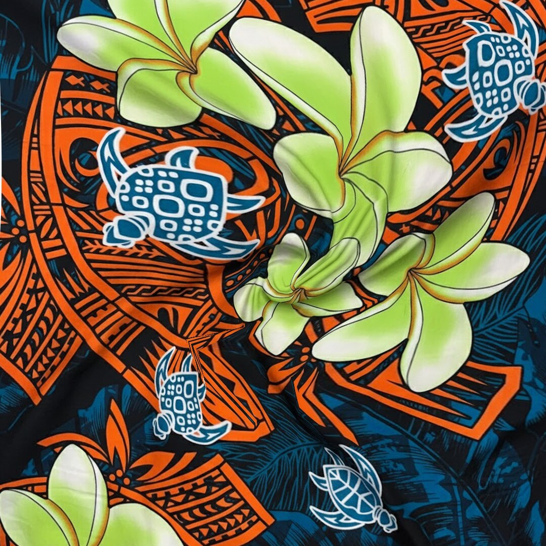 1 Yard Plumeria Turtles Tribal Peachskin Polyester Fabric with Hawaiian Floral Print 44/45 Inch Width