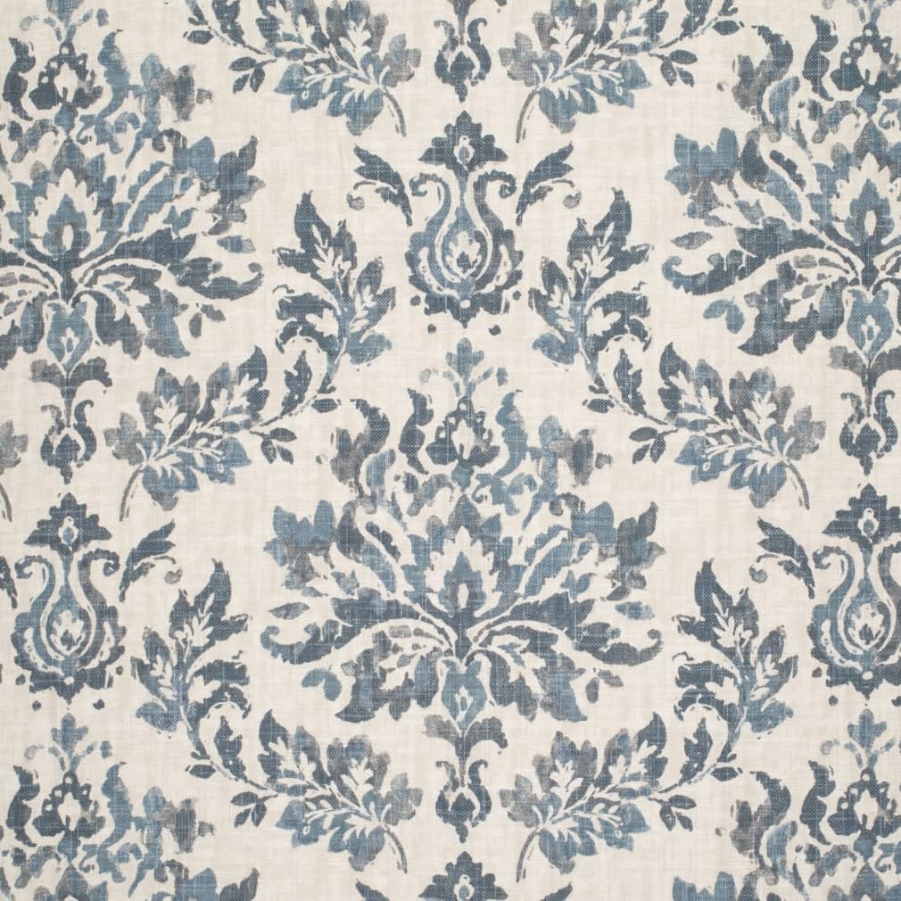 Blue Stain Resistant Performance Pet Friendly Damask Linen Look Print Upholstery Fabric by The Yard - SKU: Gary Azure