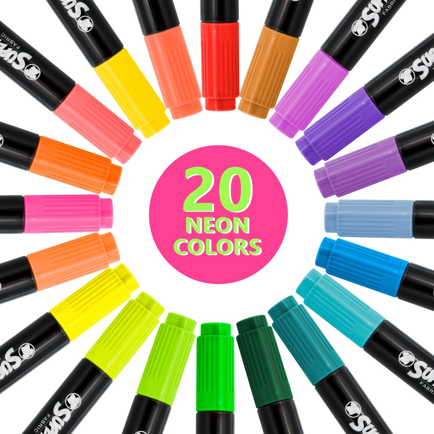 U.S. Art Supply Super Markers 20 Neon Dual Tip Fabric Markers - Fine & Chisel Point Pens Fabric Marker Permanent for Clothes, T-Shirts - Permanent Ink Eye-Catching Ultra-Bright Neon Colors