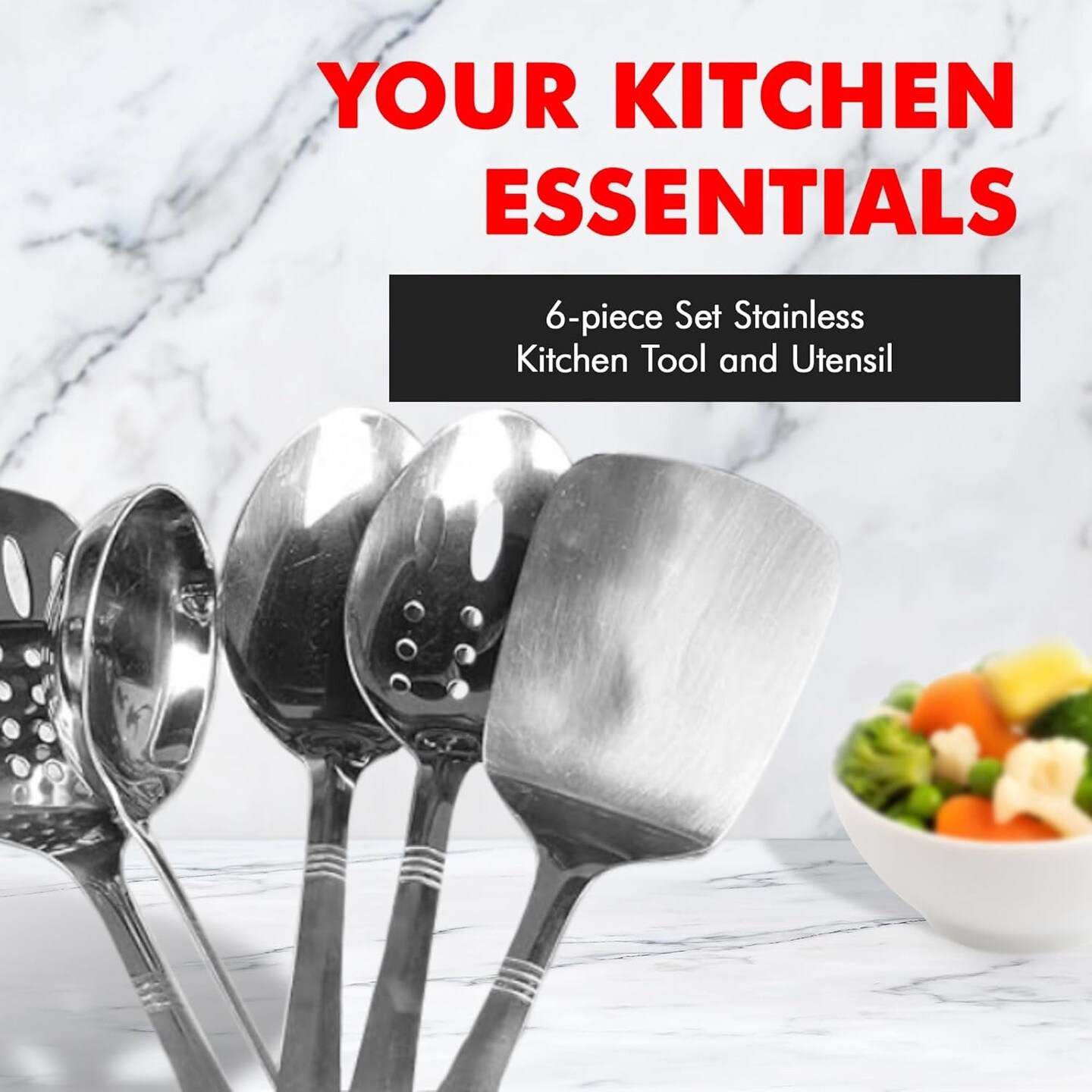 Chef Craft 6pc Stainless Steel Kitchen Cooking Tool Set - Solid Turner, Slotted Turner, Basting Spoon, Slotted Spoon, Serving Fork & Ladle