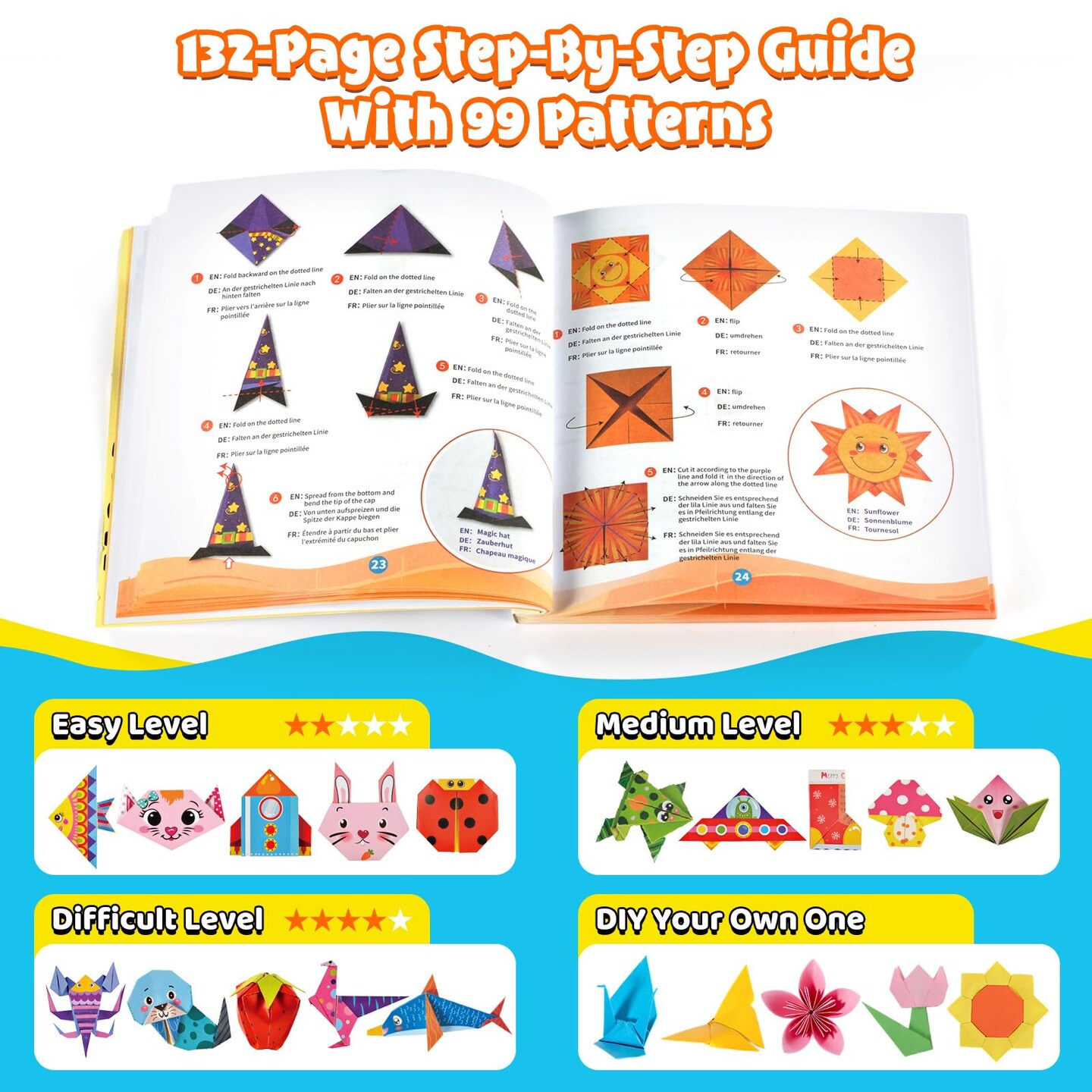 Origami Kit for Kids Ages 5-8 8-12, 260 Sheets Origami Paper with 99 Patterns and Guiding Book, Funtopia DIY Craft Art Projects Supplies for Boys Girls, Travel School Vacation Activities Toy
