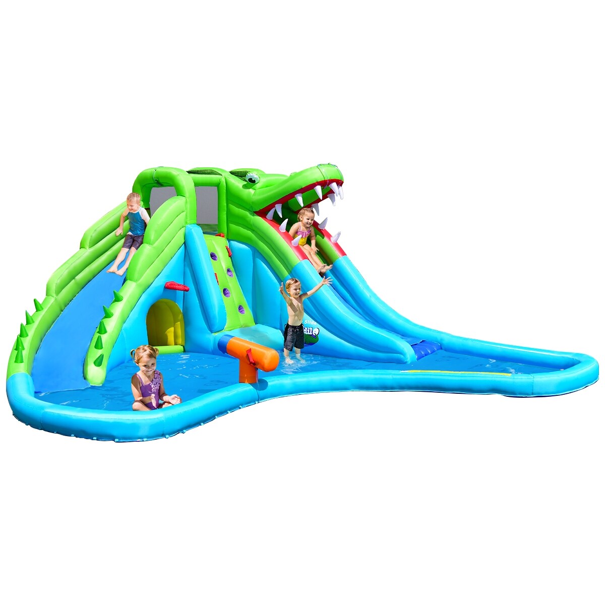 Crocodile-Themed Inflatable Water Slide and Bounce House with Climbing Wall