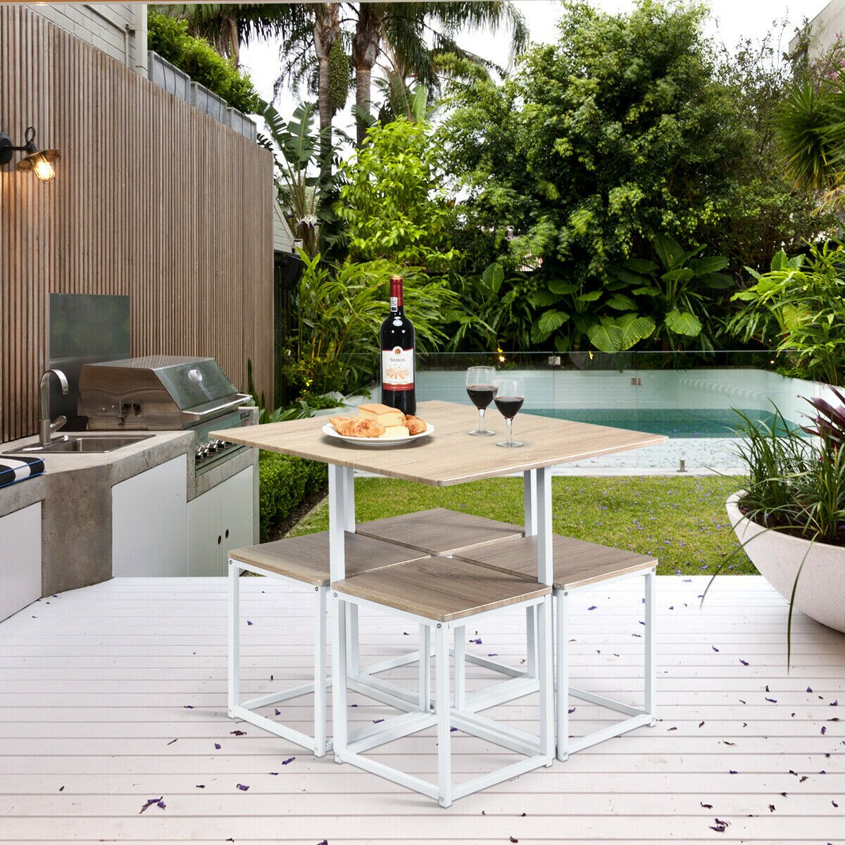Beige-White MDF Iron 5-Piece Dining Set with Table and 4 Stools