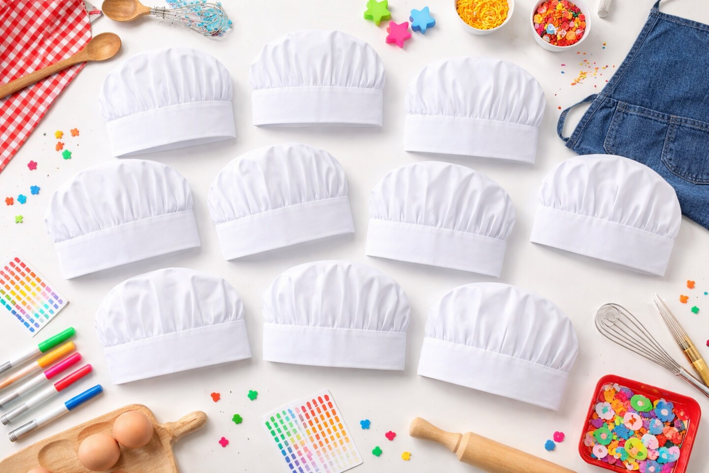 Kids Chef Hats 8" Tall – White Fabric Cooking Hats, Classroom & Camp Craft Supplies, 12 Pack