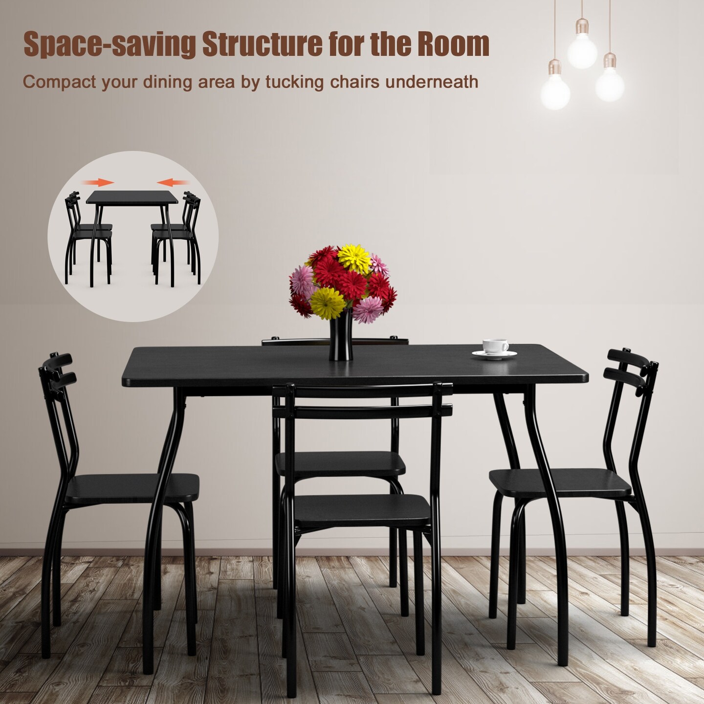 Black MDF Steel 5-Piece Dining Set with 4 Chairs Modern Kitchen Table