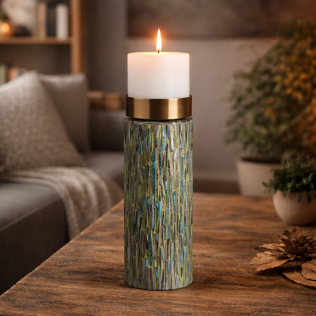 Bone with Resin Inlay Candle Stand with Brass Top - 4" x 15.5"