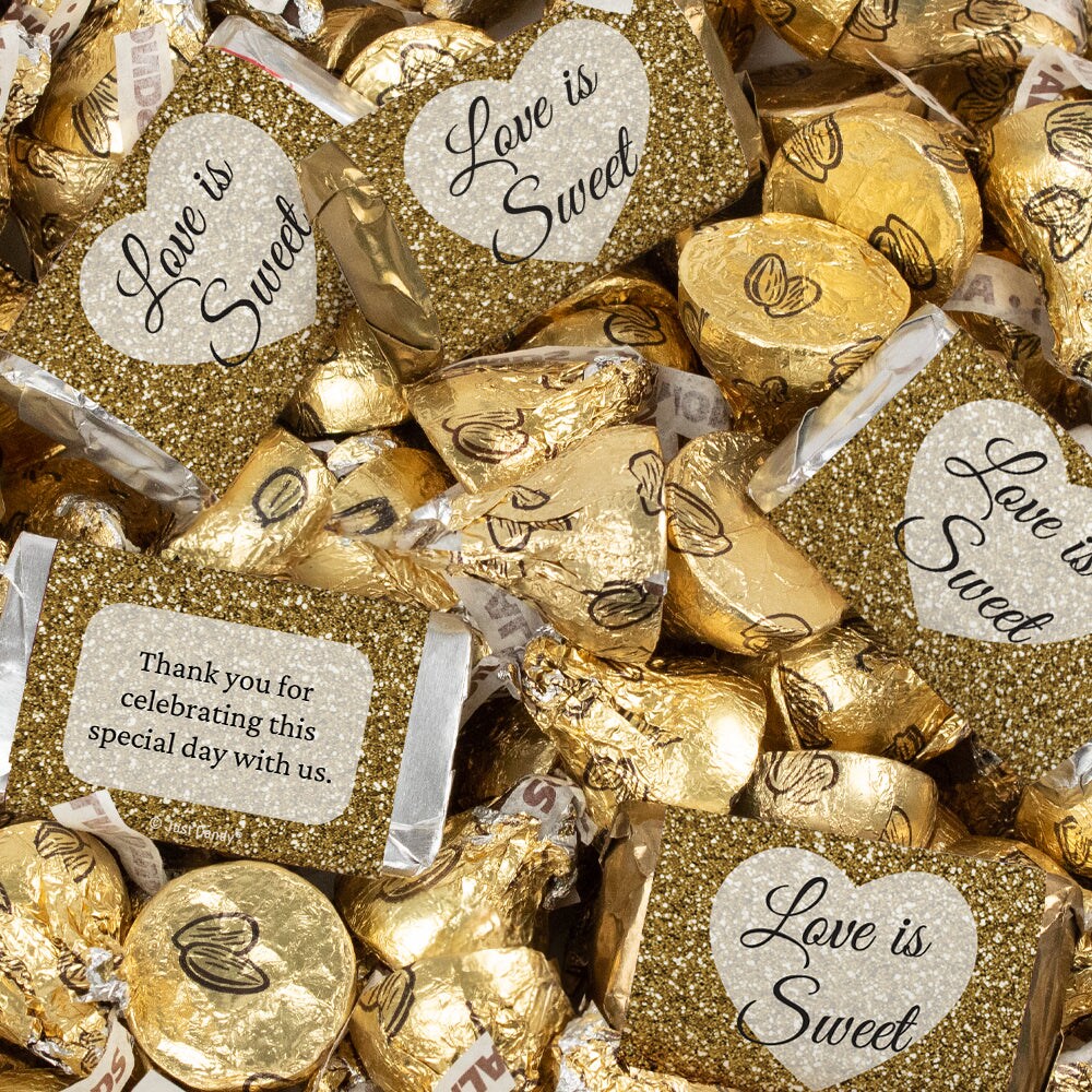 3.05lb Wedding Gold Chocolate Candy Assortment - Wrapped Miniature Bars & Gold Foiled Kisses For Favor Bags, Dessert Tables & More - Glitter Heart (248ct)