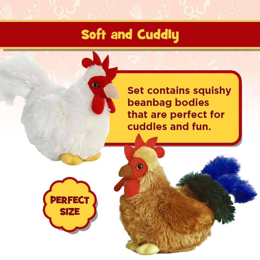 Aurora Mini Flopsie Bundle of 6" Floppy Beanbag Chicken & 6" Rooster Stuffed Animals - New Chicken & Cocky Rooster, Multicolor