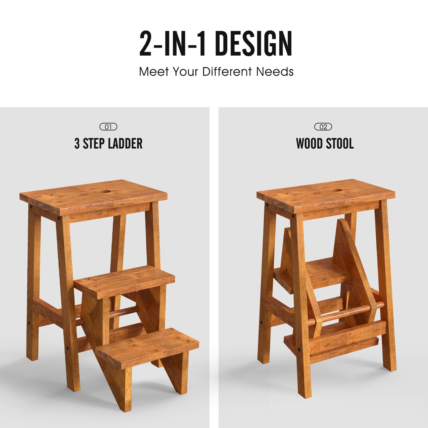 3-in-1 Rubber Wood Step Stool with Handle Anti-Slip Wide Pedals