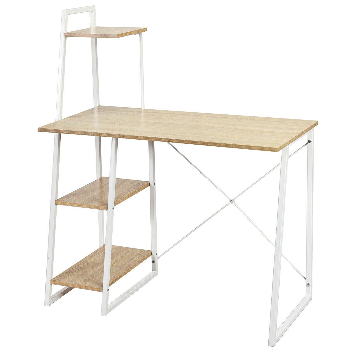 Natural White Computer Desk 4-Tier Particle Board Iron Frame X Design