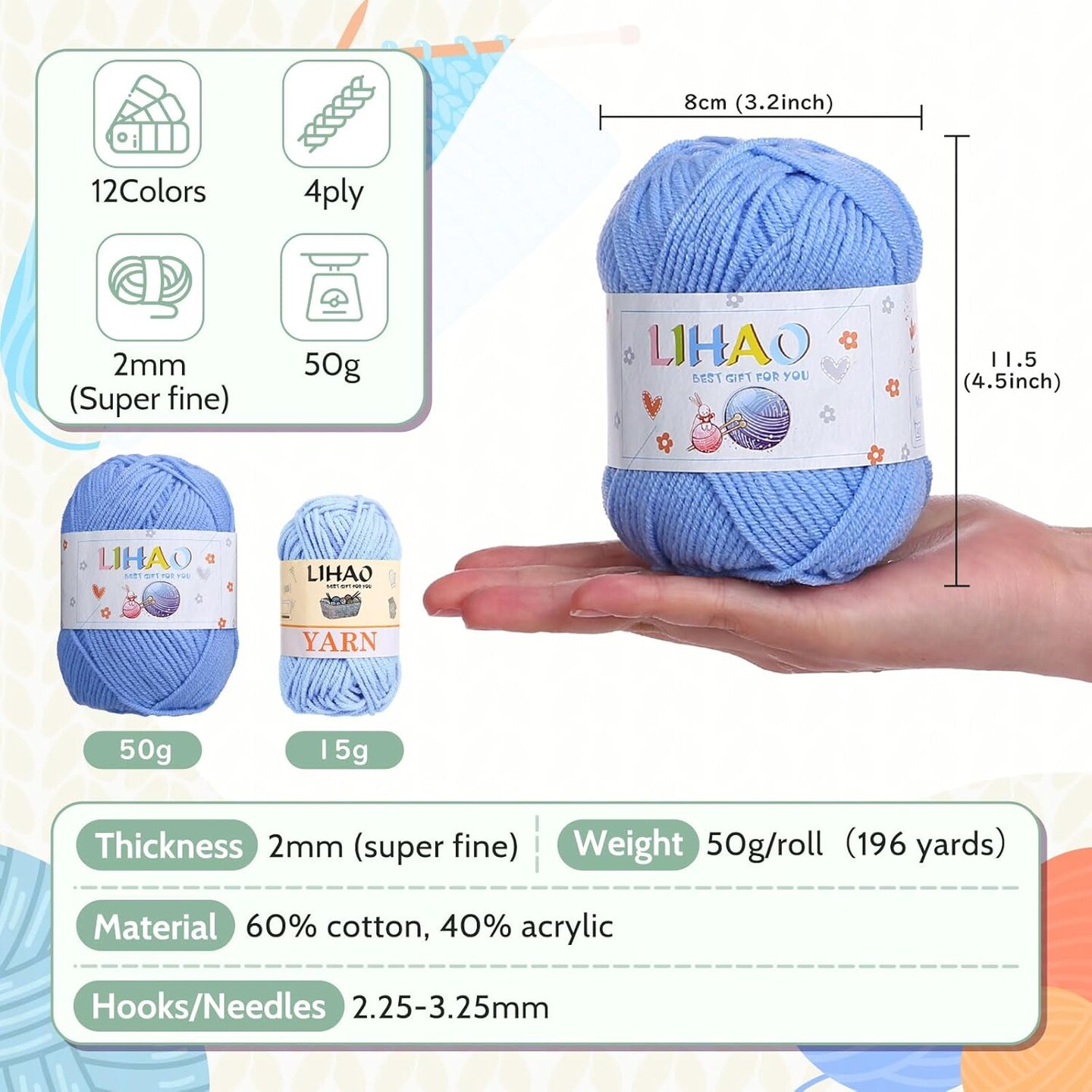 12pcs Acrylic Yarns - 4 Ply, 2500 Yards
