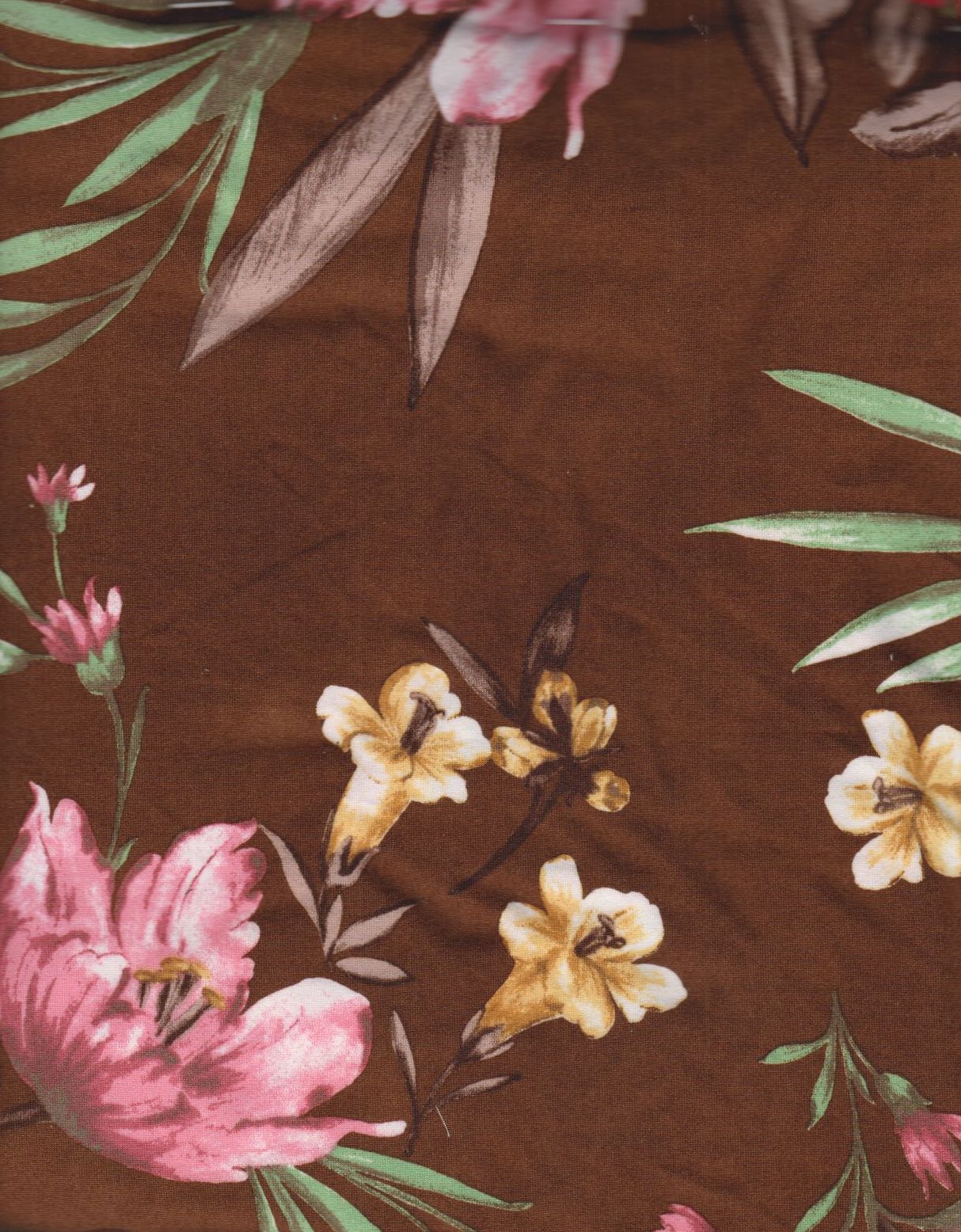 1 Yard Mocha Hawaiian Floral Print Brushed DTY Knit Fabric 58/60" Wide