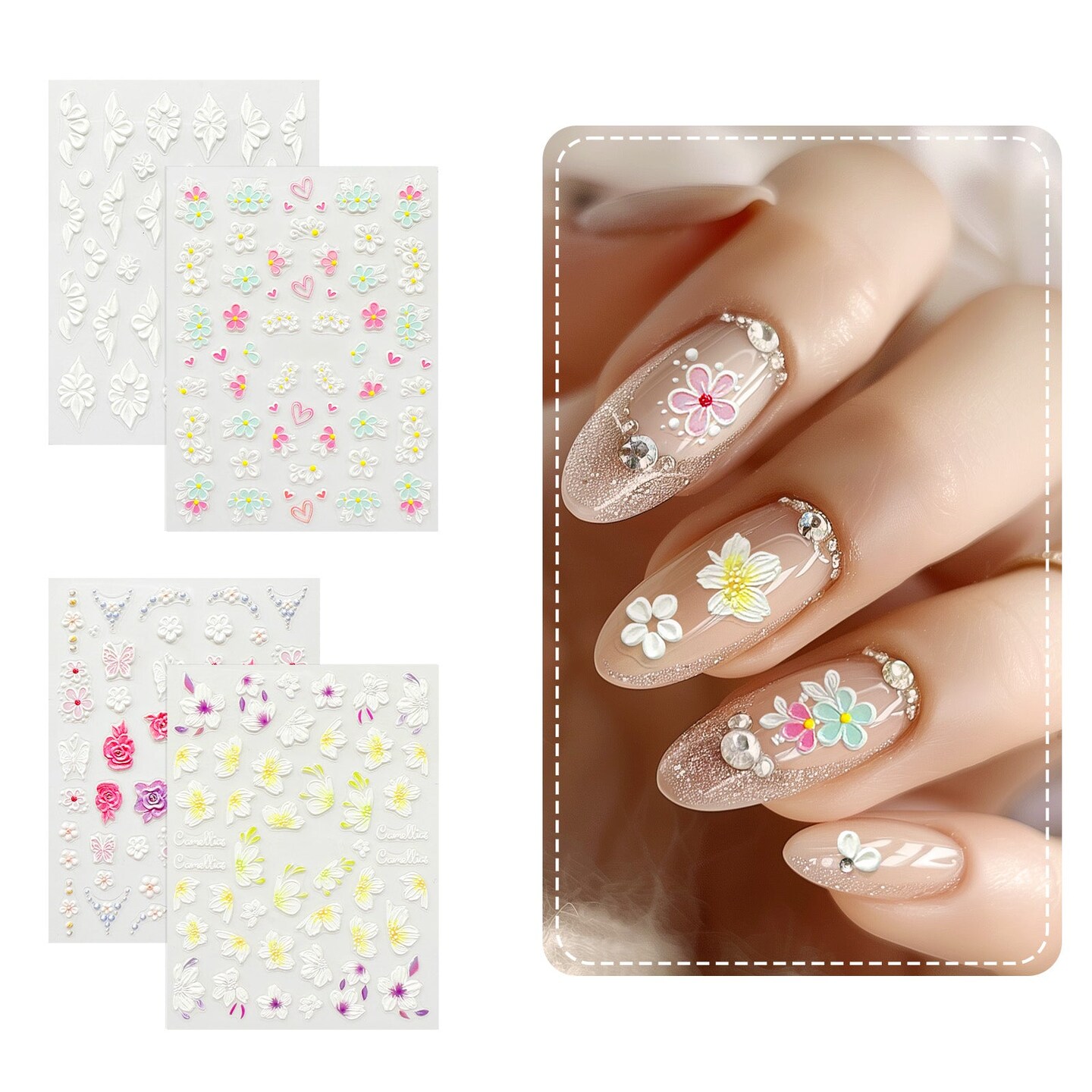 Wrapables 5D Embossed Colorful Flowers Nail Art Decal Stickers, Self Adhesive 3D Floral Design (Set of 4), Floral Pink Love