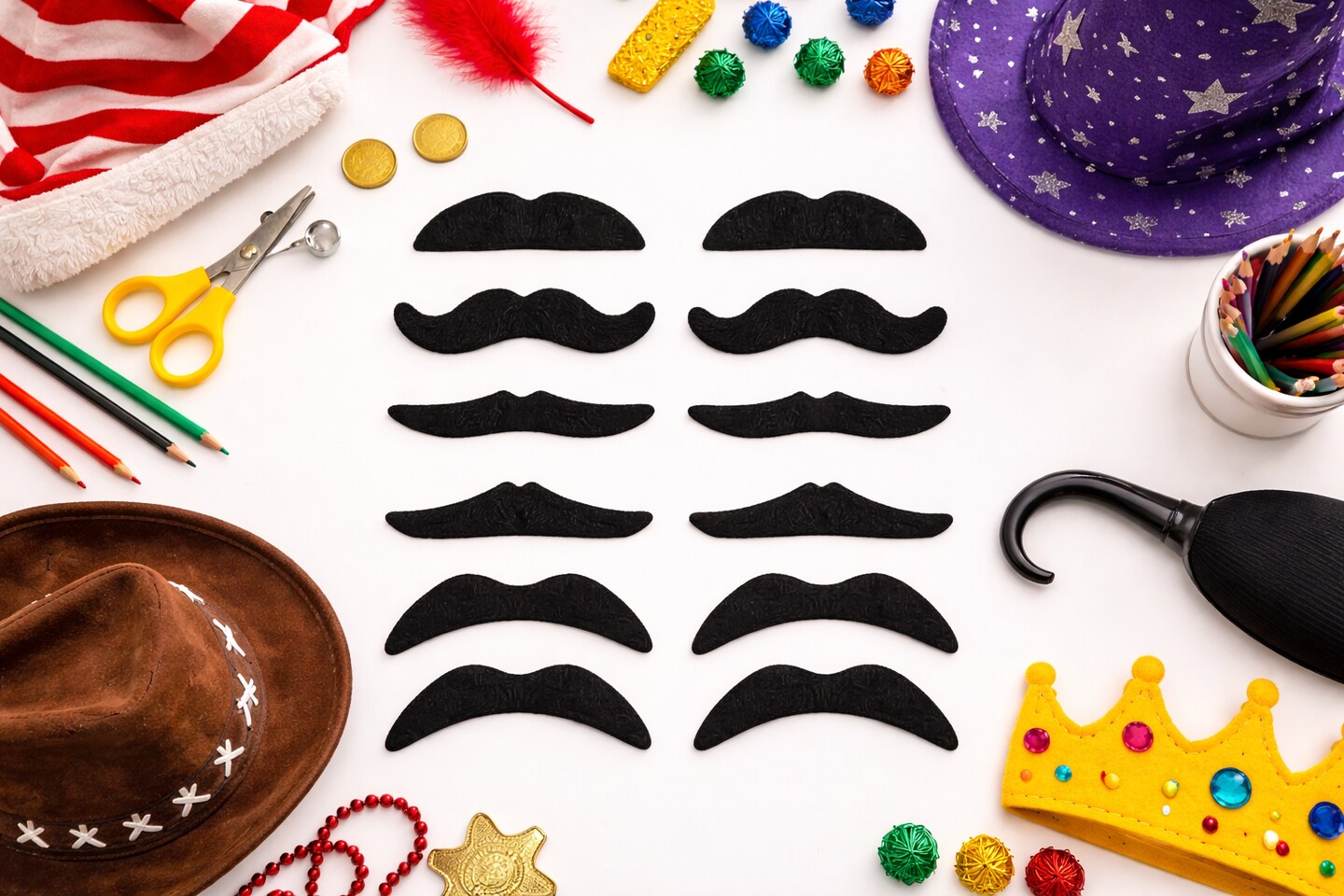 Black Costume Mustache Set – 12 Pack for Kids & Adults, Pretend Play & Classroom Dress Up