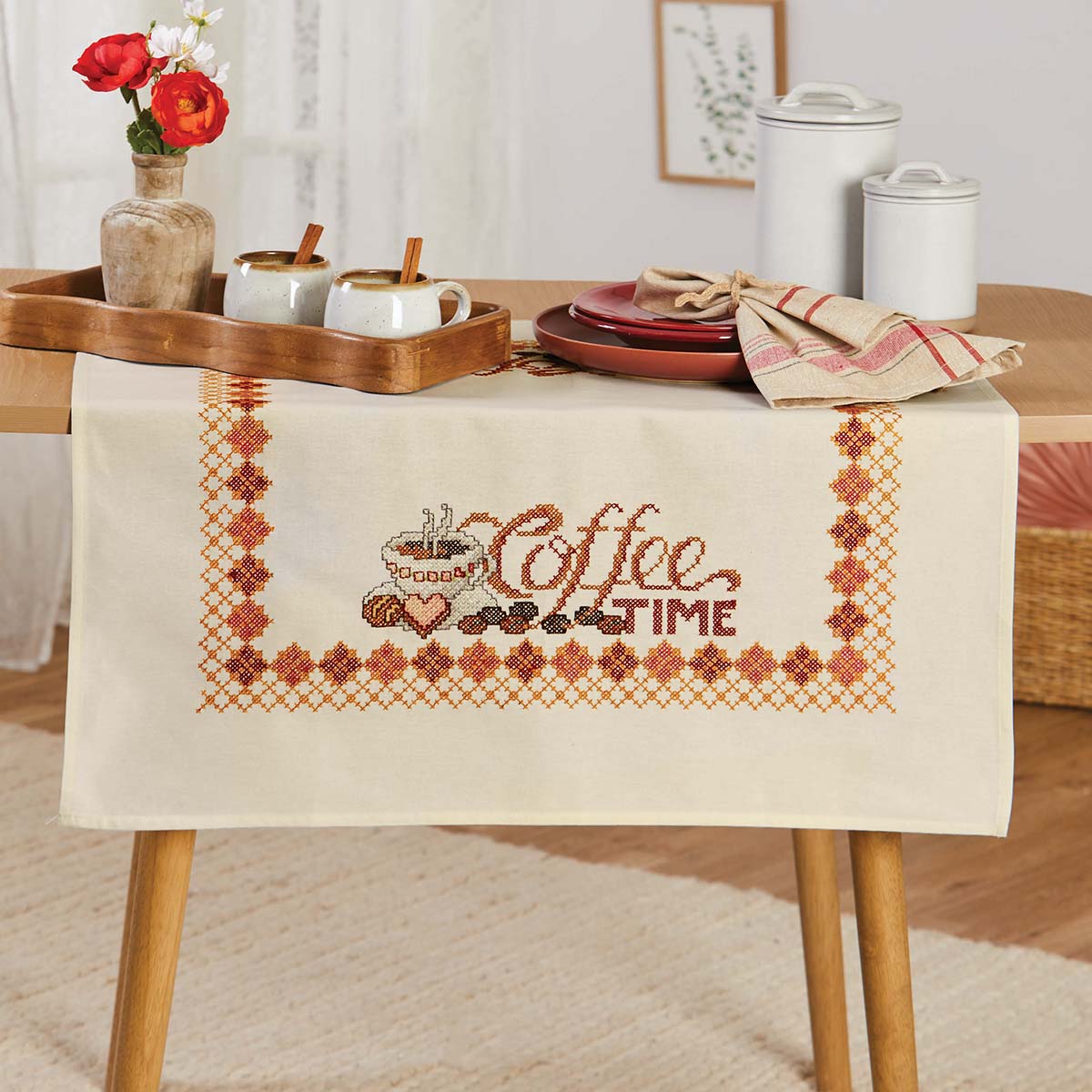 Herrschners Coffee Time Table Topper Stamped Cross-Stitch Kit, Color ...