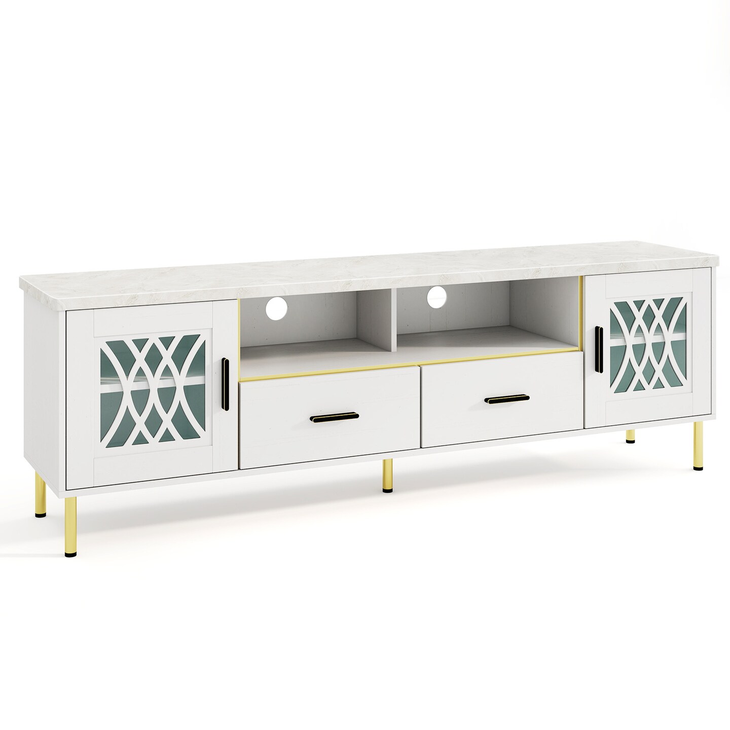 White-Gold MDF Metal Glass Faux Marble TV Stand with Drawers and Cabinets