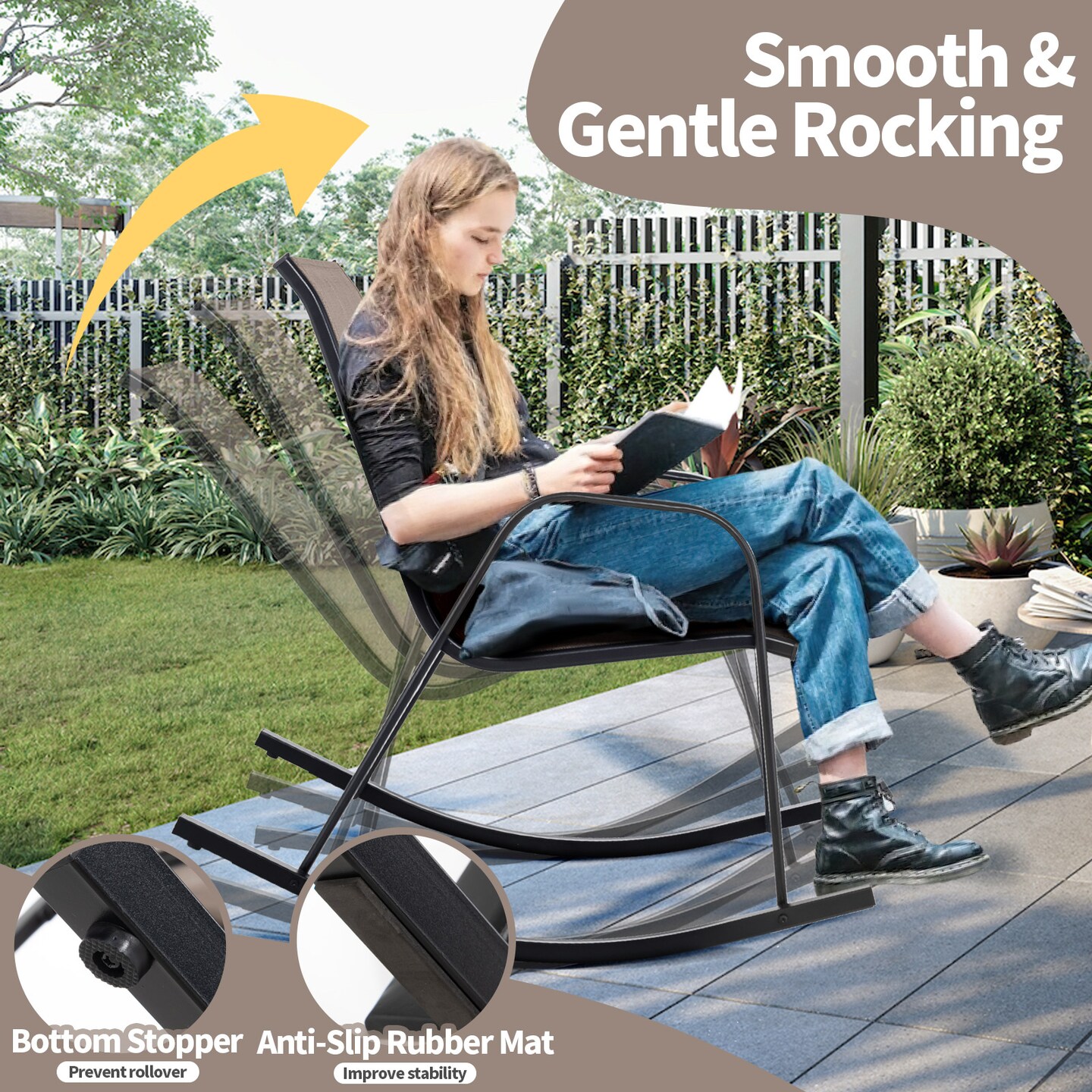 Brown, Black Rocking Chairs 2-Pack Outdoor Metal Frame Fabric Seat 330lbs
