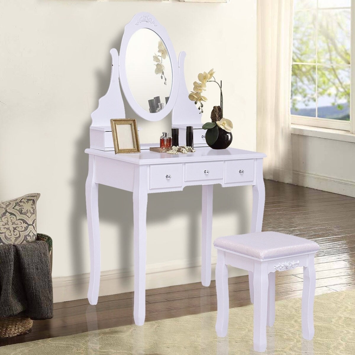 Wooden Vanity Set with 360 Degree Rotating Oval Mirror and Cushioned Stool