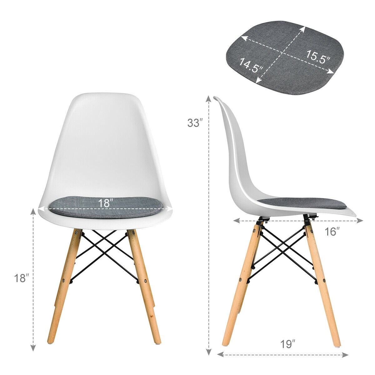 White Dining Chairs Set 4 PP Seat Linen Cushion Beech Wood Legs Modern