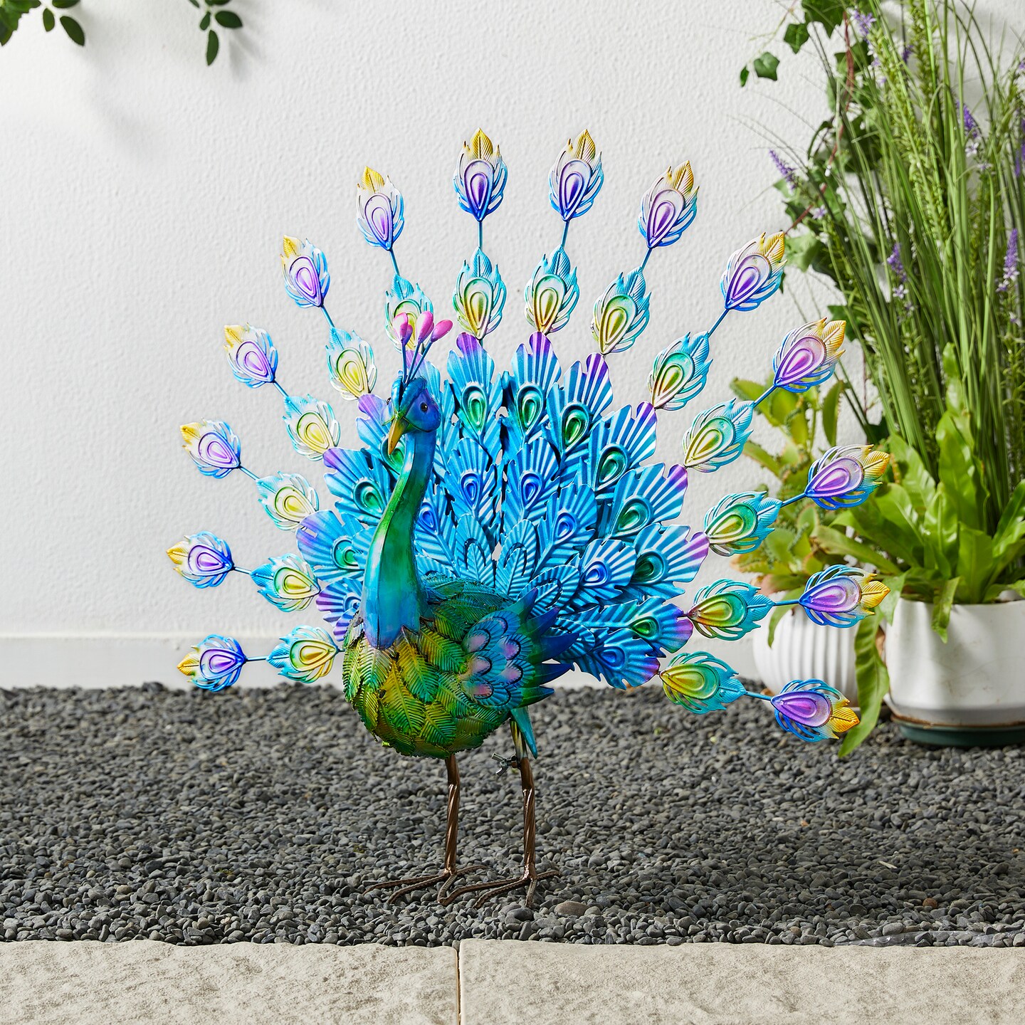 Set of 2 28.75"W Metal Peacock Tail Spread Garden Statue with Stakes (KD)Metal Thickness: 0.3mm
