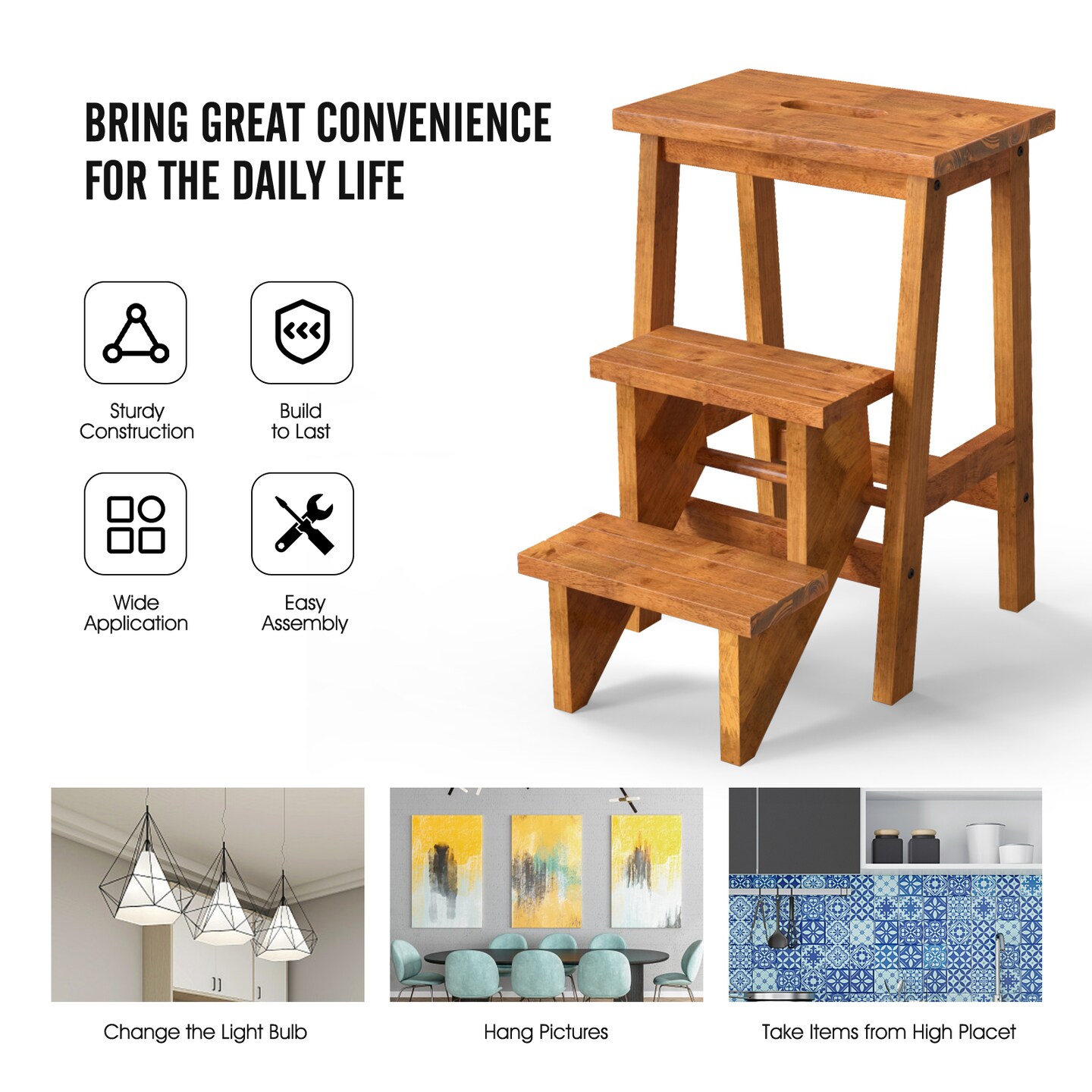 3-in-1 Rubber Wood Step Stool with Handle Anti-Slip Wide Pedals