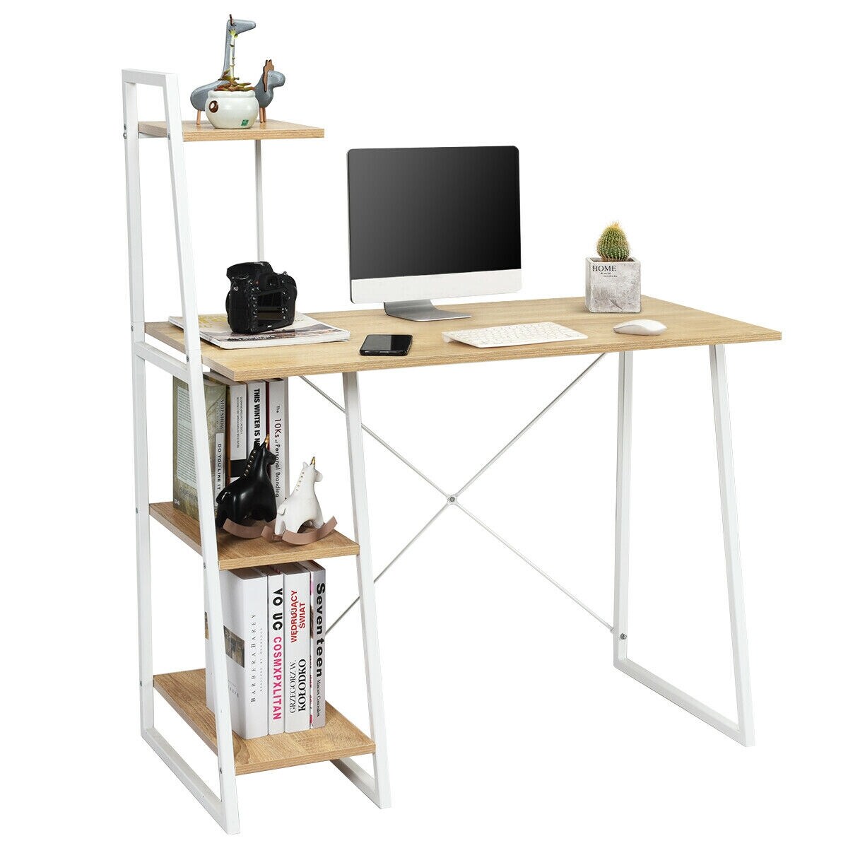 Natural White Computer Desk 4-Tier Particle Board Iron Frame X Design
