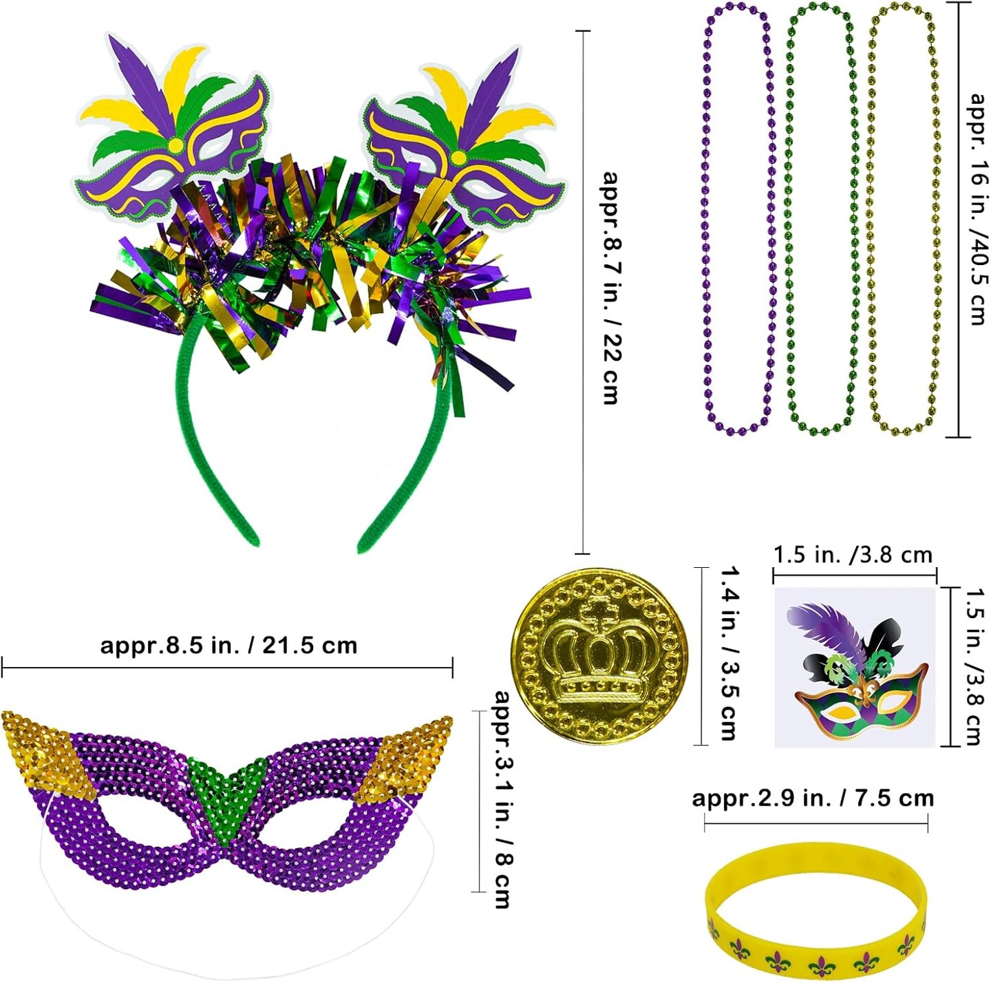 128 Pcs Mardi Gras Accessories Set – Bulk Party Favor Supplies with Beads Necklaces, Coins, Head Boppers, Bracelets & Tattoos in Purple, Green & Gold for Mardi Gras Masquerade, Parade & Décor