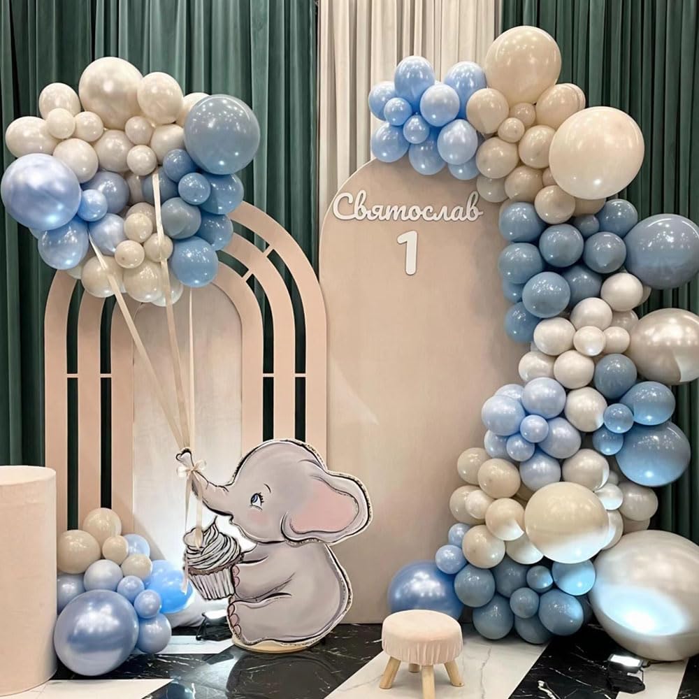 Dusty Blue White Sand Balloon Arch Garland Kit 141pcs Slate Fog Baby Blue Sand White Beige Cream Balloons for Boy Girl Bear Theme Baby Shower Gender Reveal Party Decorations