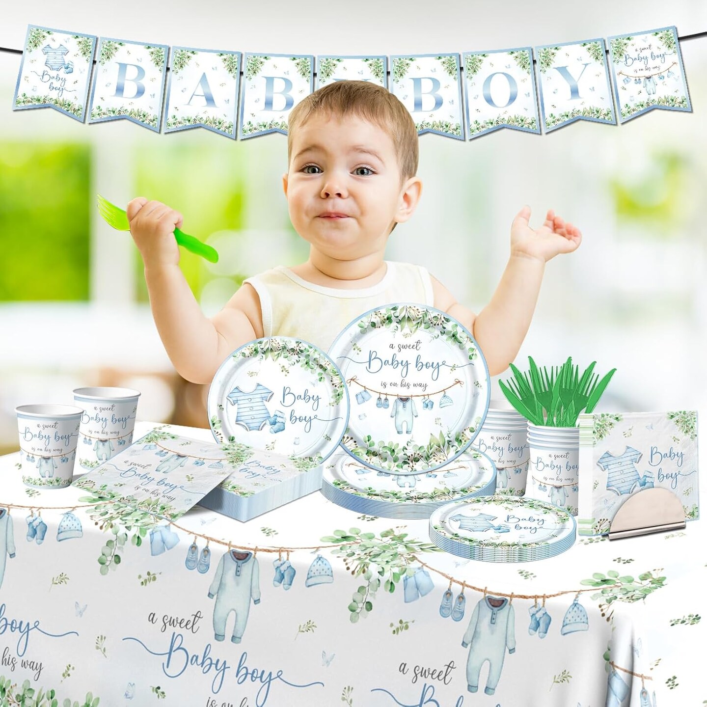 Baby Shower Tableware Set, Watercolor Blue Boy Plates, Napkins, Cups, Tablecloth for Boy Baby Shower Gender Reveal Supplies
