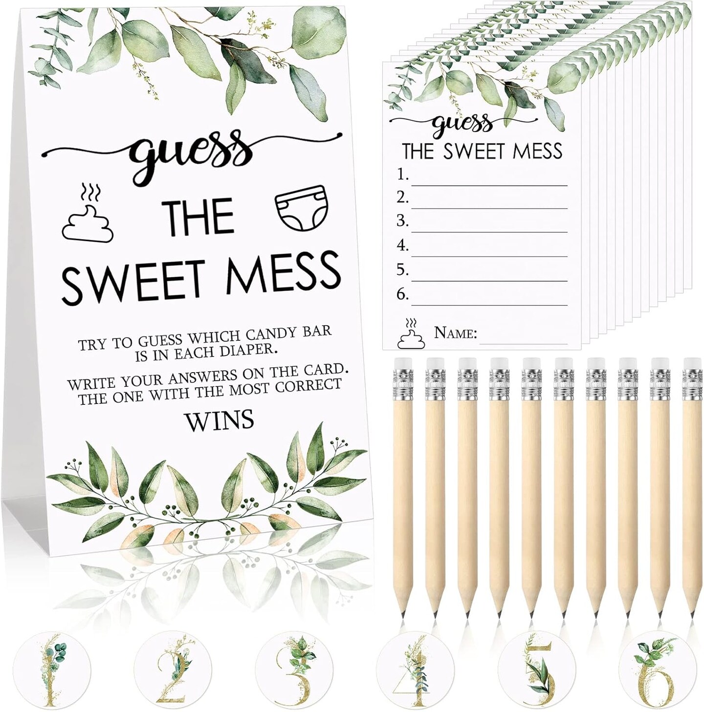 67 Pcs Guess The Sweet Mess Baby Shower Game Dirty Diaper Game Including Guess The Sweet Mess Sign 50 Small Cards 10 Pencils and 6 Number Stickers for Baby Shower Gender Reveal Party