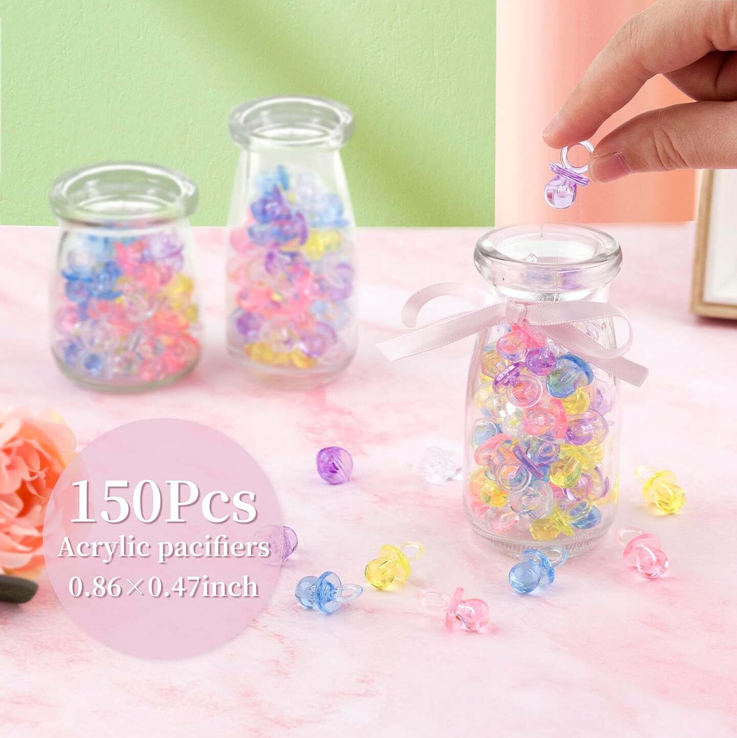 150 Mini Pacifiers for Baby Shower Game(5 Color), 0.86 Inch Plastic Pacifiers for Baby Shower, Gender Reveal Party Favors Table Decoration