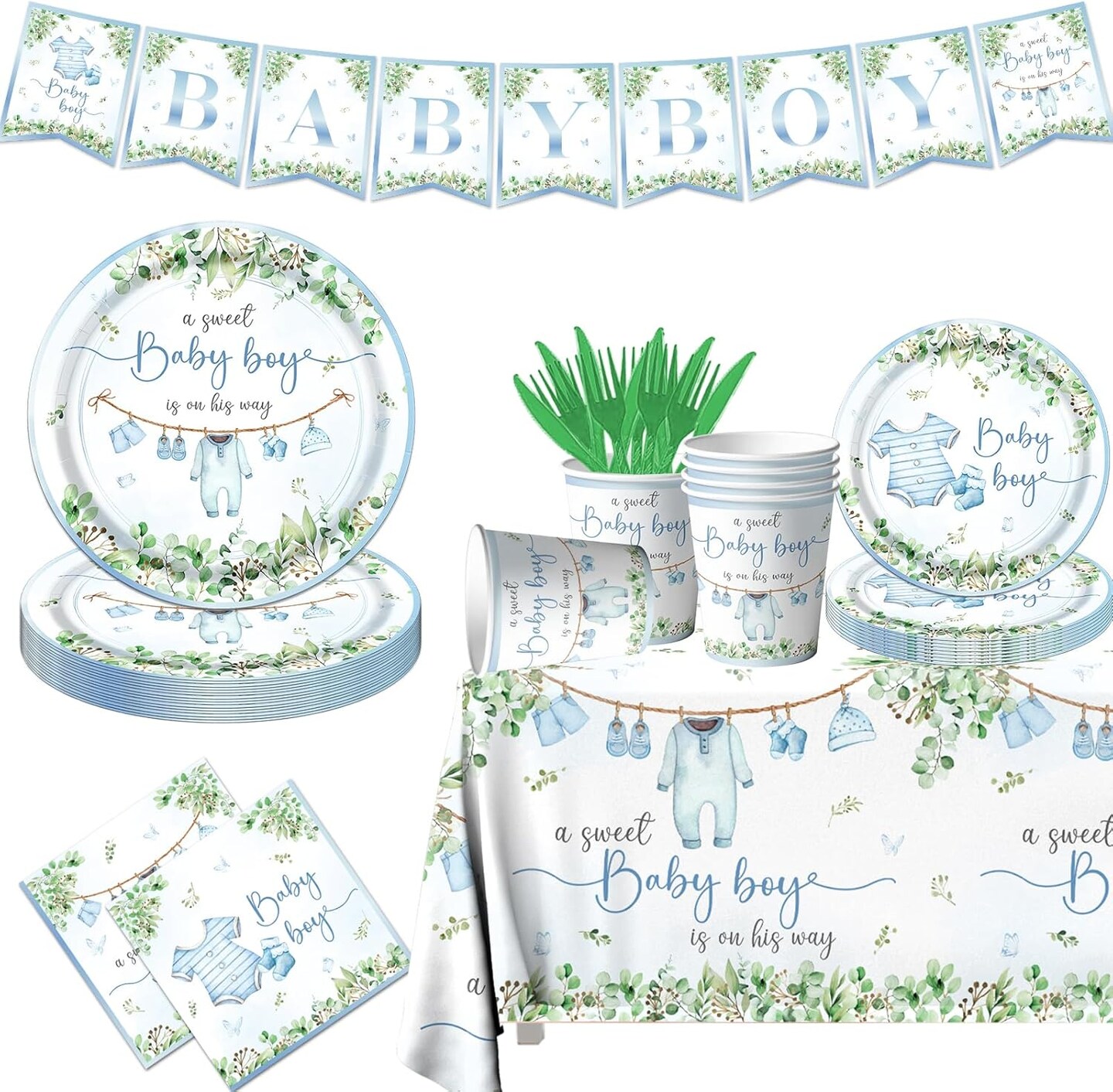 Baby Shower Tableware Set, Watercolor Blue Boy Plates, Napkins, Cups, Tablecloth for Boy Baby Shower Gender Reveal Supplies