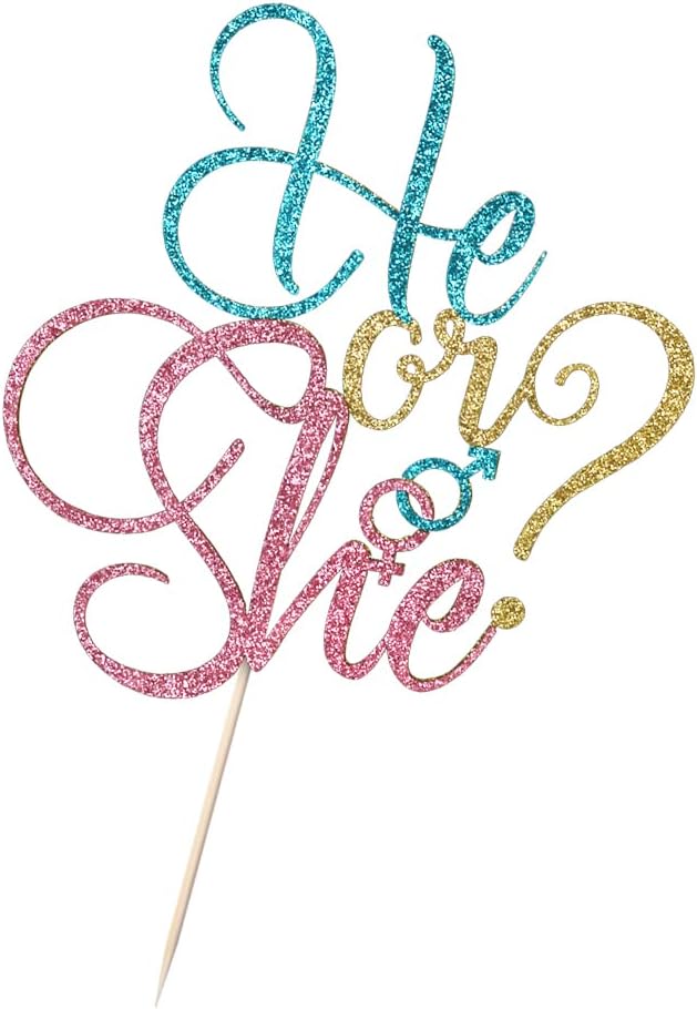 He Or She Cake Topper - Blue and Pink Glitter Baby Shower, Gender Reveal, Boy or Girl Happy Birthday Party Decoration (Blue and Pink)