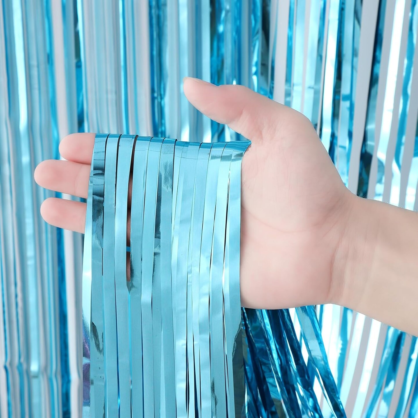 Light Blue Foil Fringe Backdrop Curtains, Tinsel Streamers Birthday Party Decorations, Fringe Backdrop for Baby Shower, Gender Reveal Party Decorations
