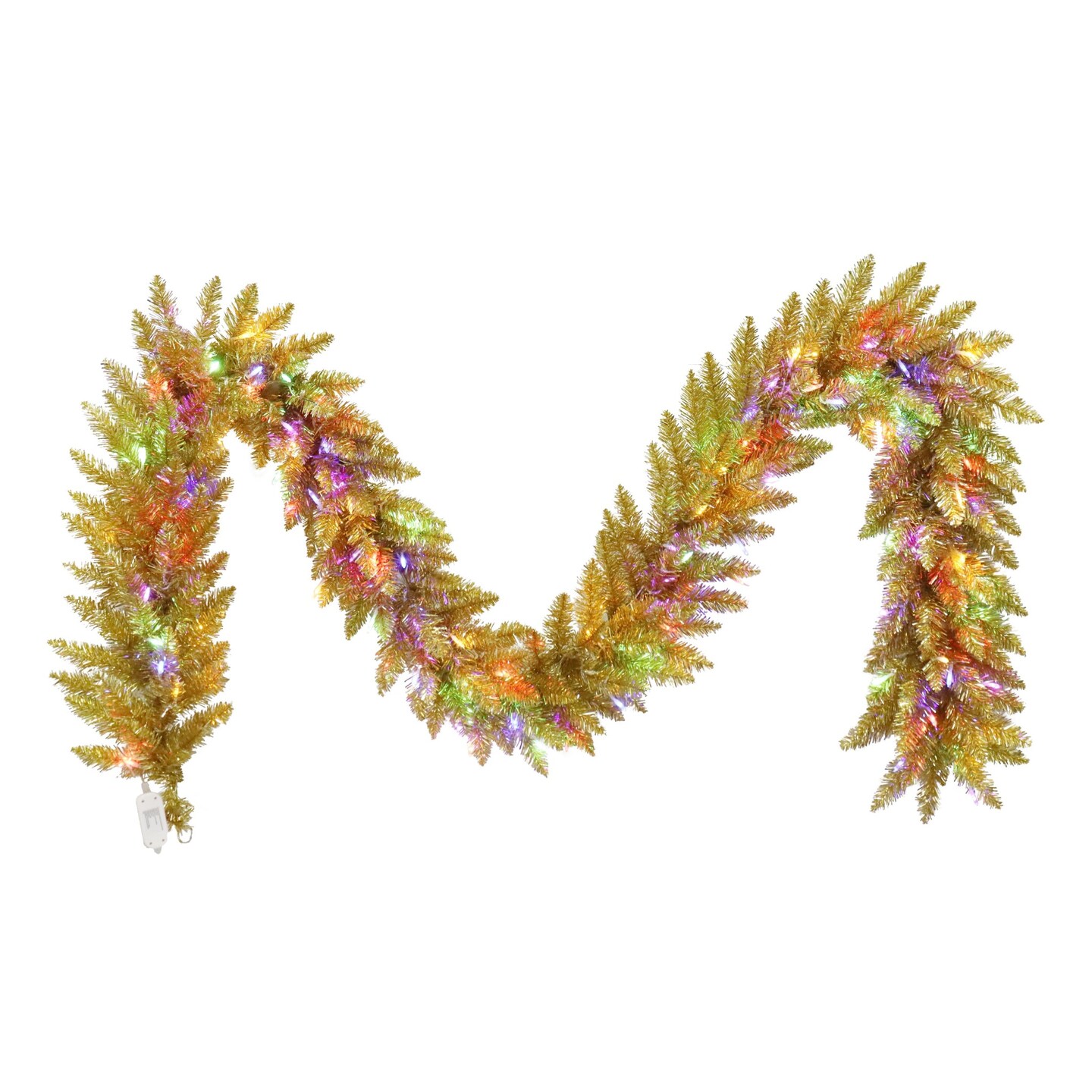 Puleo International 9ft X 12" Pre-Lit Evergreen Spruce Shiny Gold Champagne Garland With 100 Dual Color LED Lights with Functions, and Remote Control