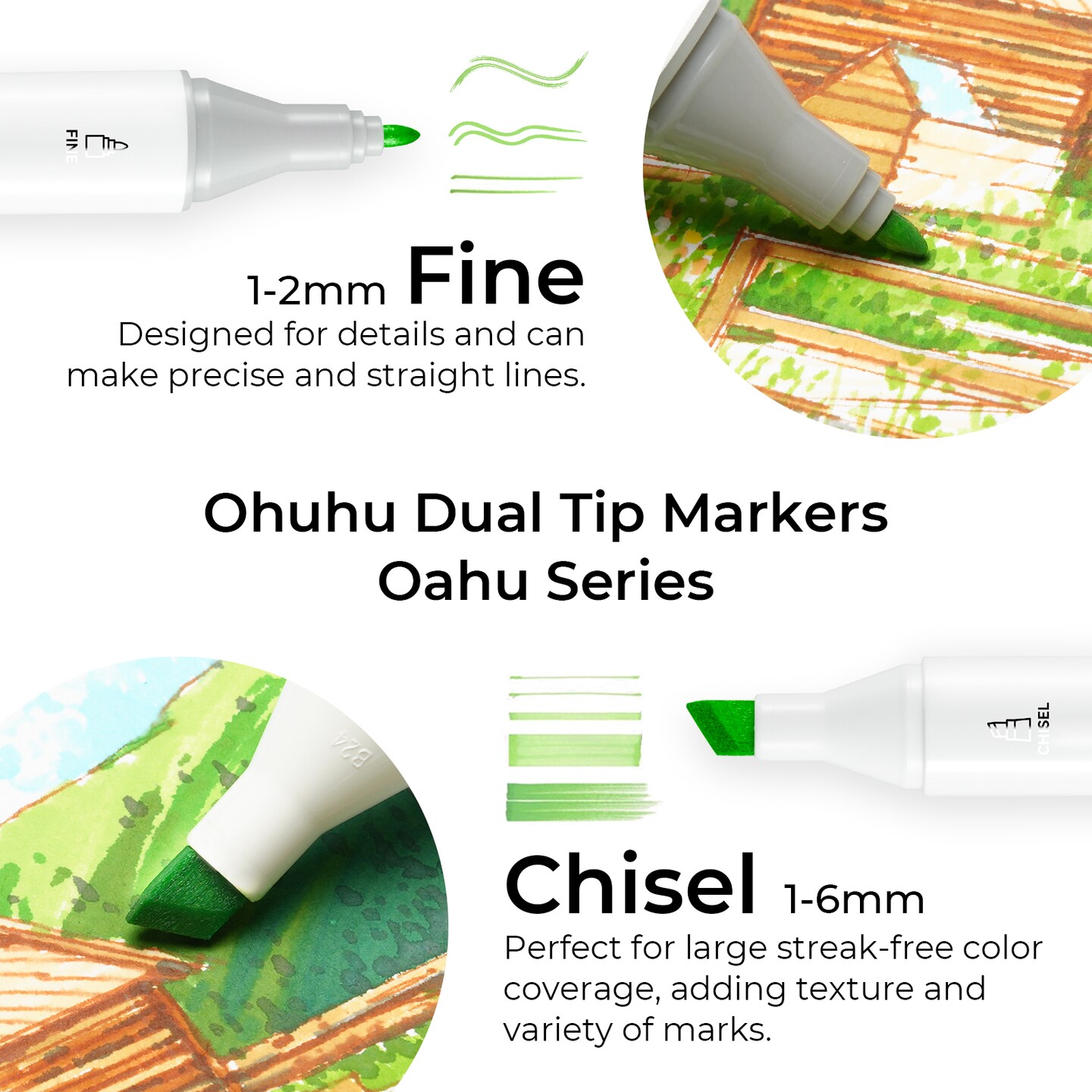 Ohuhu Oahu 60 Colors Alcohol-Based Markers - Dual Tip Chisel & Fine