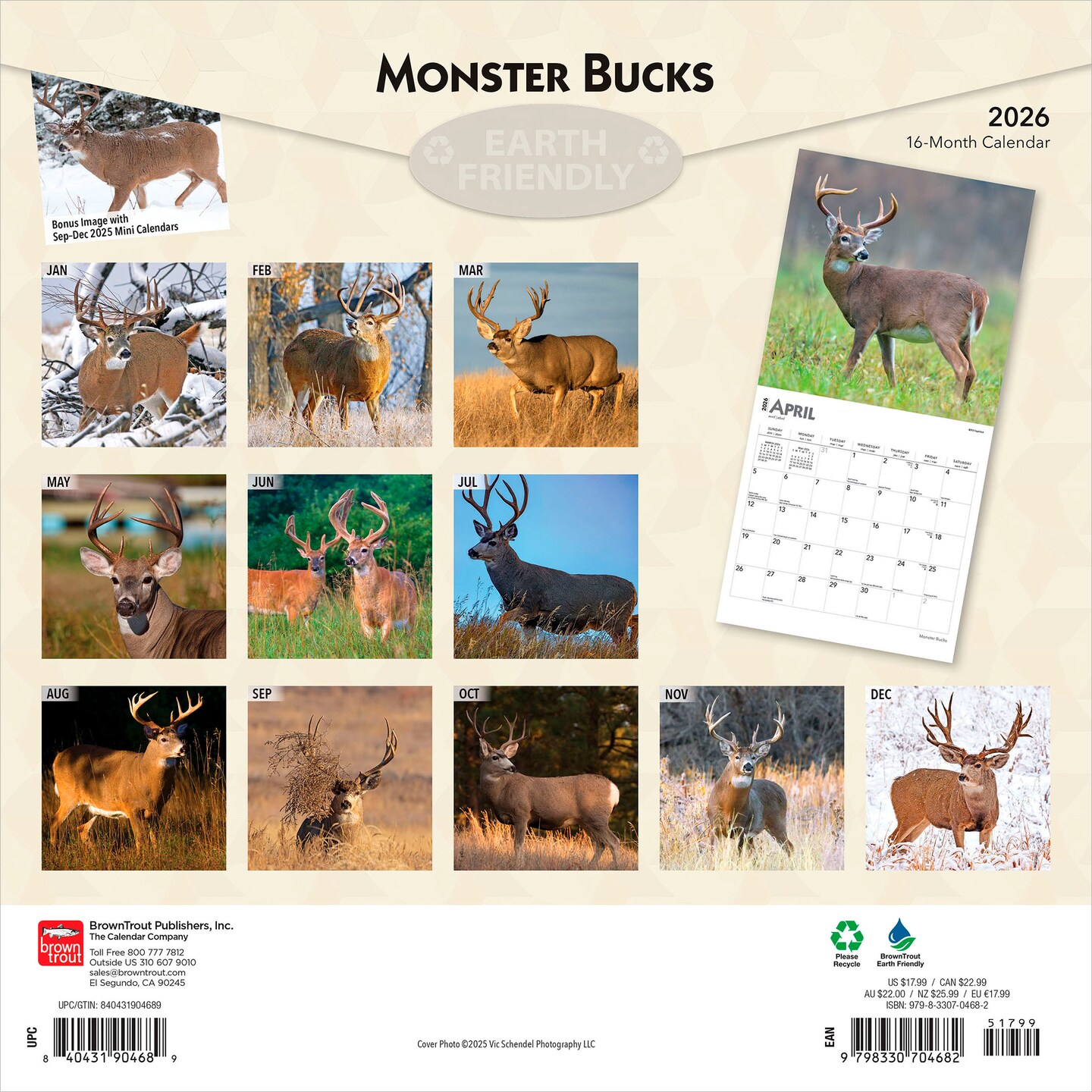 Monster Bucks | 2026 12 x 24 Inch (Hanging) Monthly Square Wall Calendar | Plastic-Free | BrownTrout | Wildlife Animals Hunting