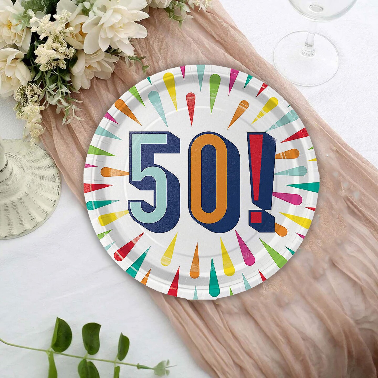50th Birthday Burst Paper Dessert Plates 8 Count Colorful Milestone Party Supplies 7"