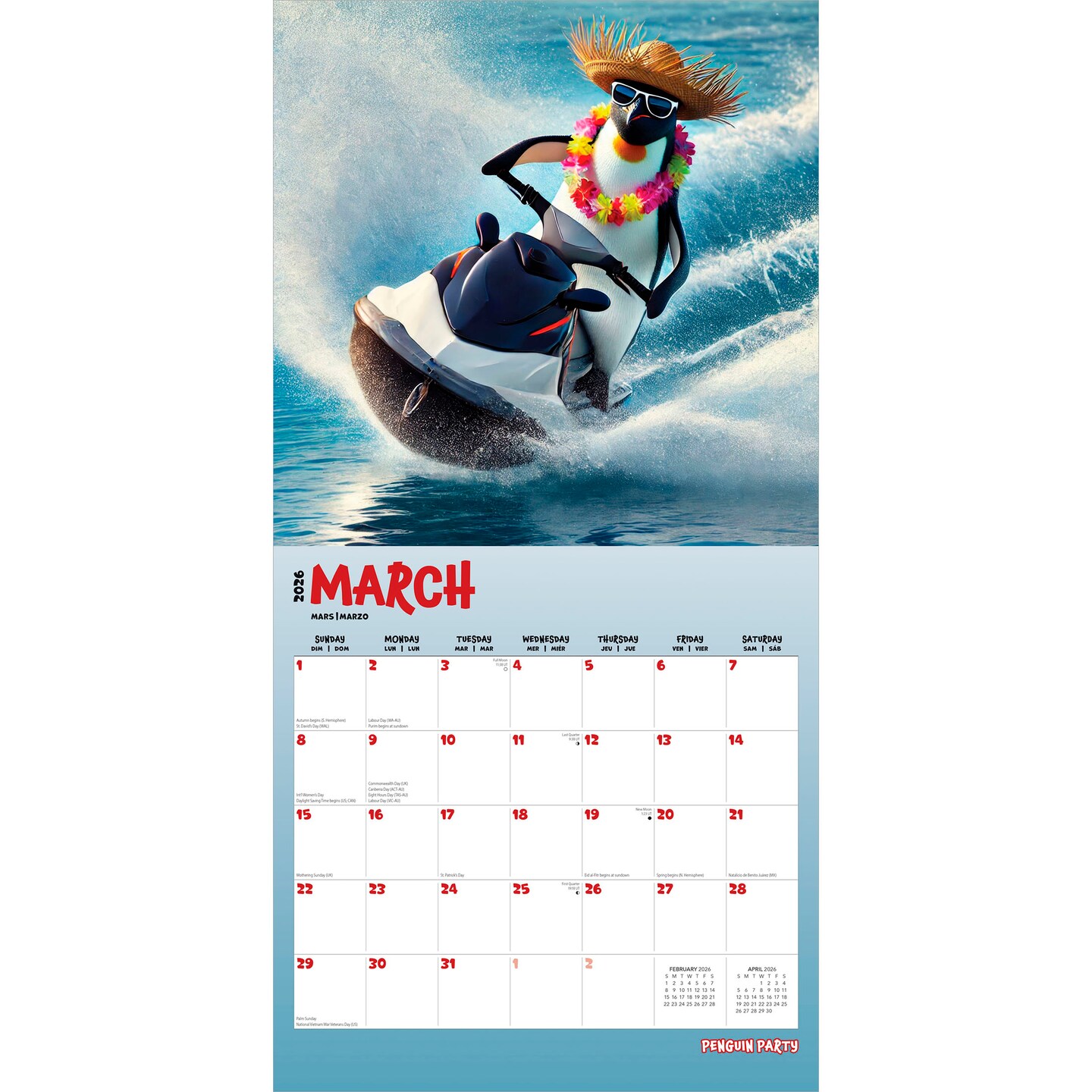 Penguin Party | 2026 12 x 24 Inch (Hanging) Monthly Square Wall Calendar | Plastic-Free | BrownTrout | Pets Funny Animals Birds