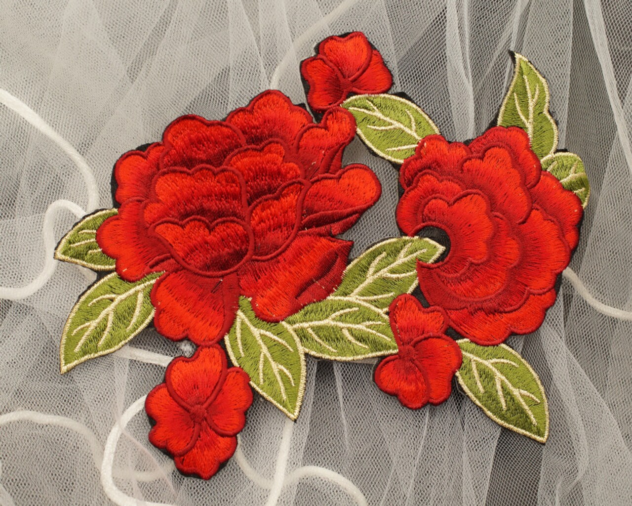 7.25" x 6" Red Iron-On Embroidered Rose Patch Applique Pack of 12