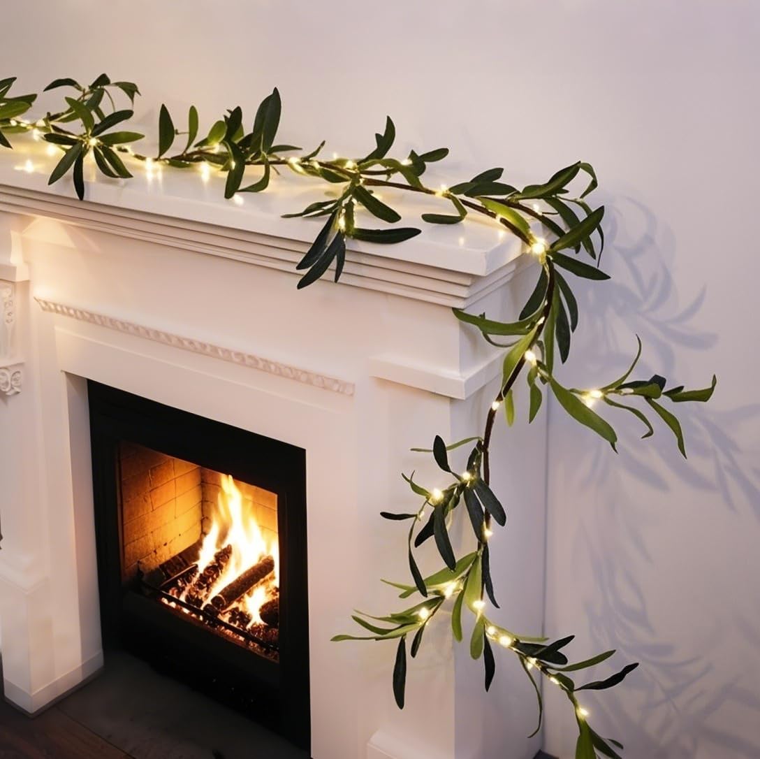 Olive Garland Greenery Garlands Décor - 6FT 96 LED Lighted Artificial Garland Faux Vines Flower Wreaths Lights for Wedding Christmas Spring Mantle Decoration DiliComing