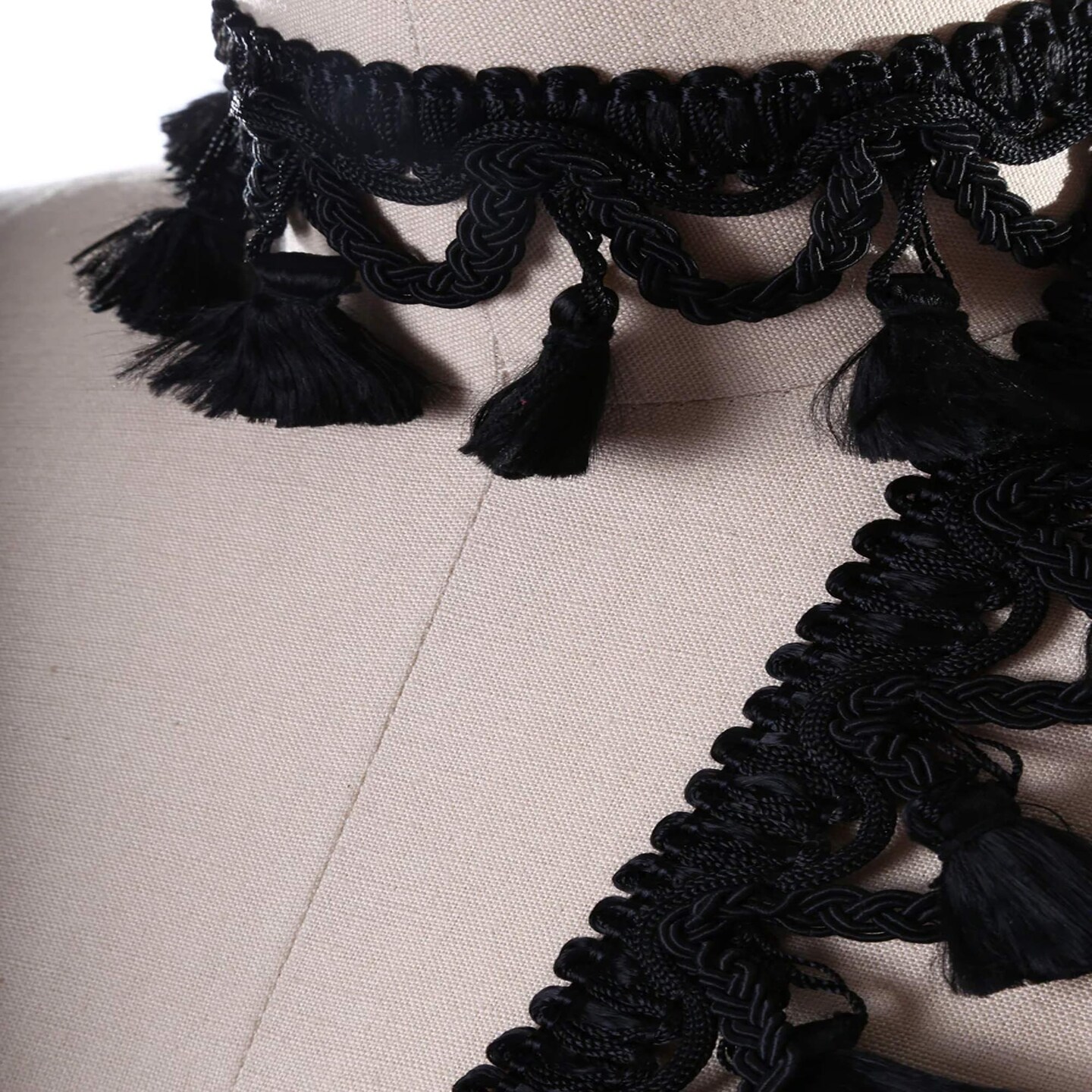 5 Yards Black Braided Gimp Trim with Silky Tassel Fringe for Upholstery Drapery and Home Decor