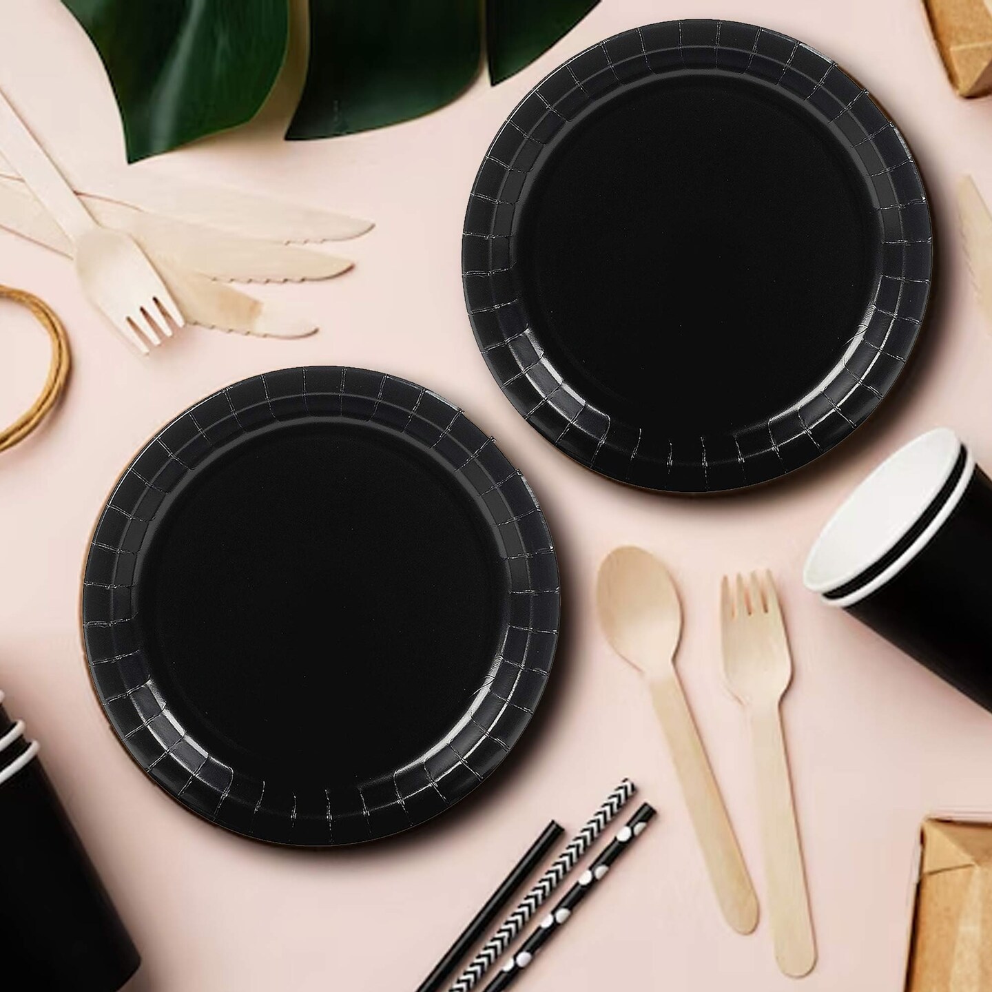24 Count Black Color Round Paper Dessert Plates 7" Disposable Party Tableware