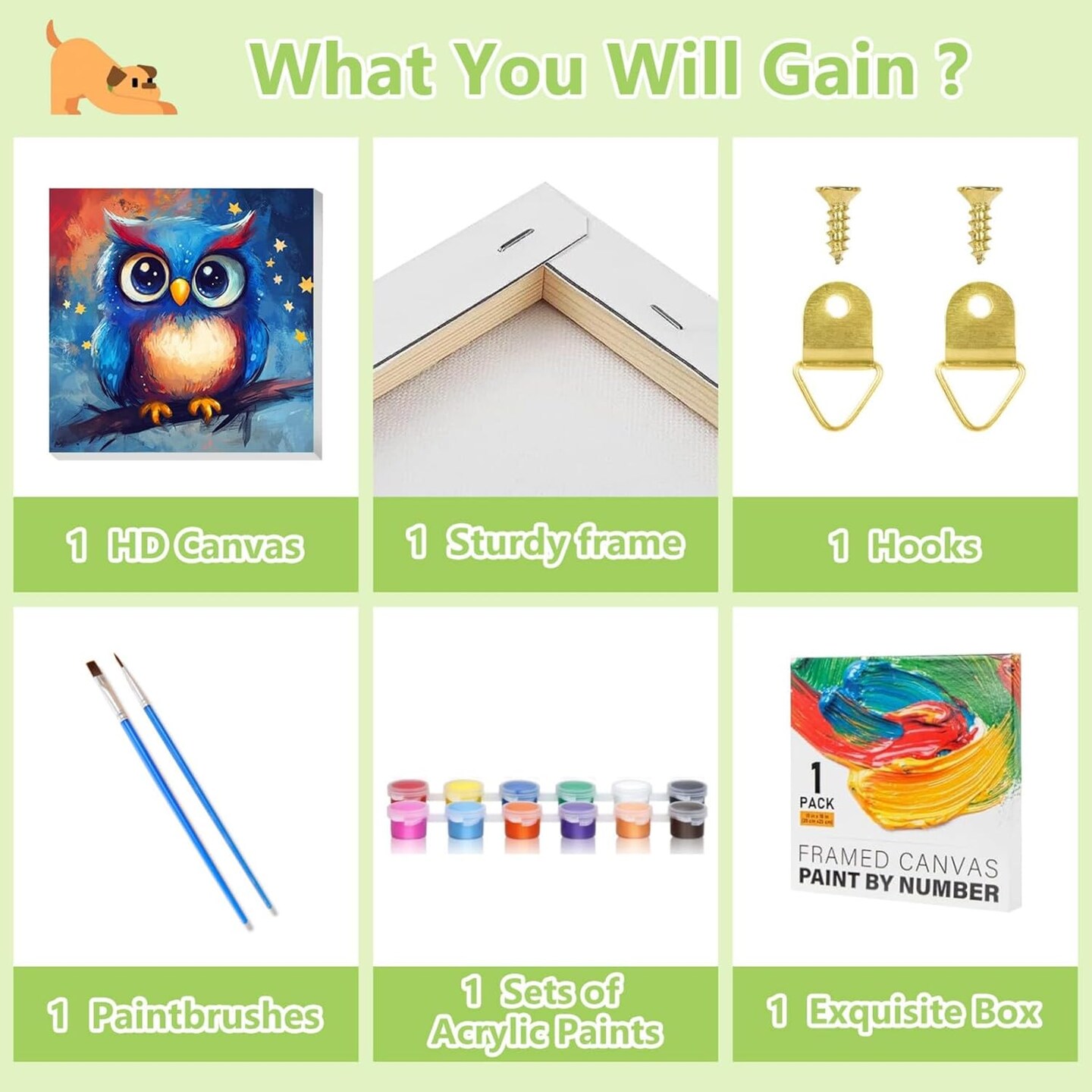 8X8Inch - Owl Paint by Numbers Kit for Kids with Frame