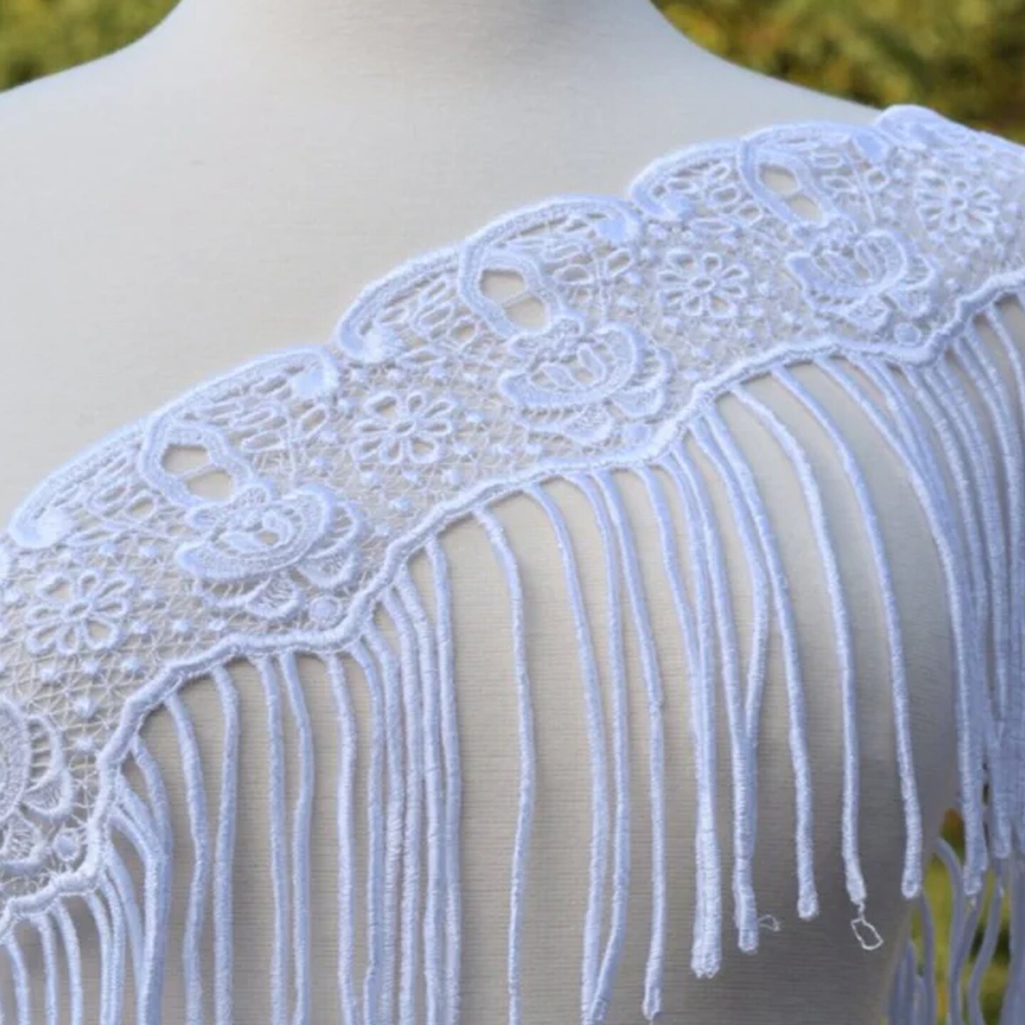 1 Yard White Venice Lace Trim with Long Spaghetti Fringe 9 Inch Wide