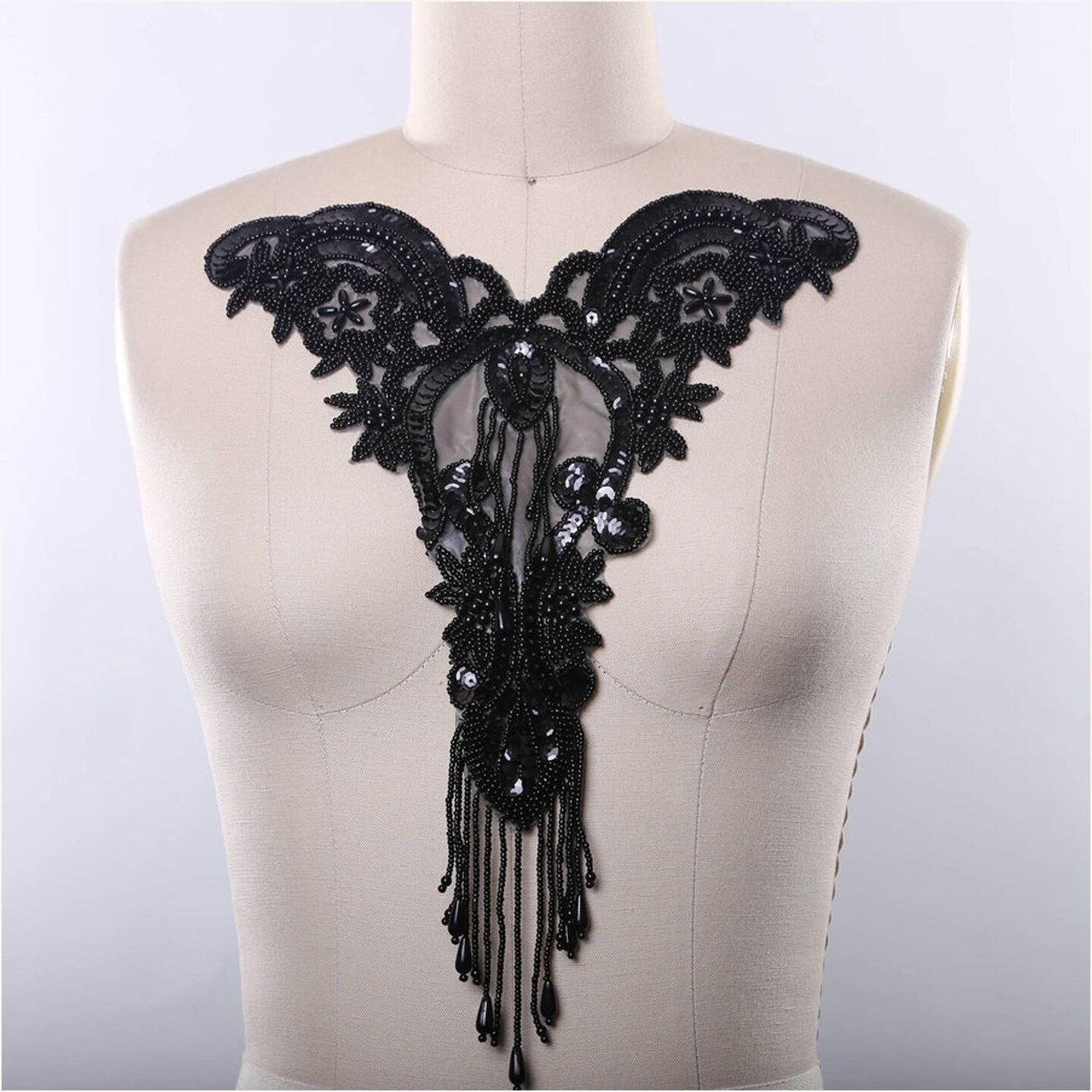 1 Piece Black Sweetheart Neckline Applique with Beaded Fringe and Sequins Iron On Patch