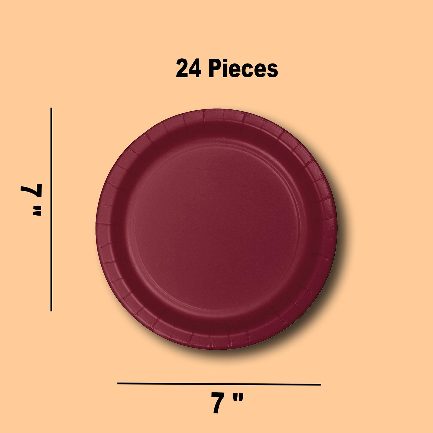 24 Count Burgundy Round Dessert Plates Paper Party Tableware 7"